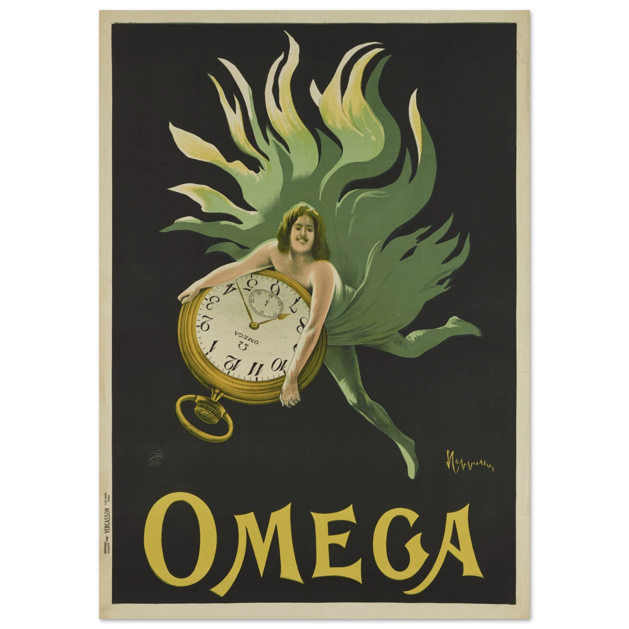 Vintage Omega advertisement with a woman holding a clock and flames on a black background