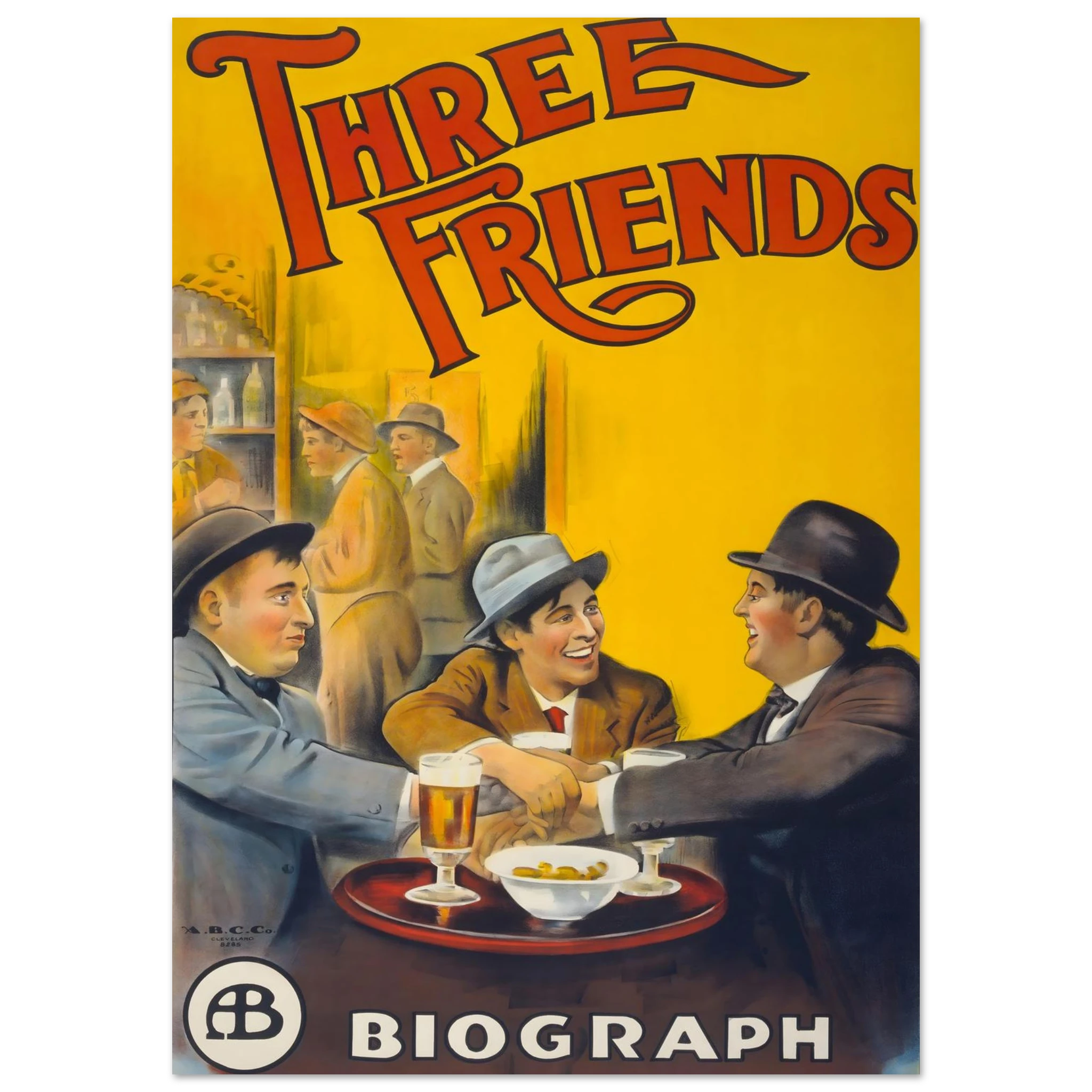 Vintage movie poster for 'Three Friends' with three men at a table, featuring the Biograph logo.