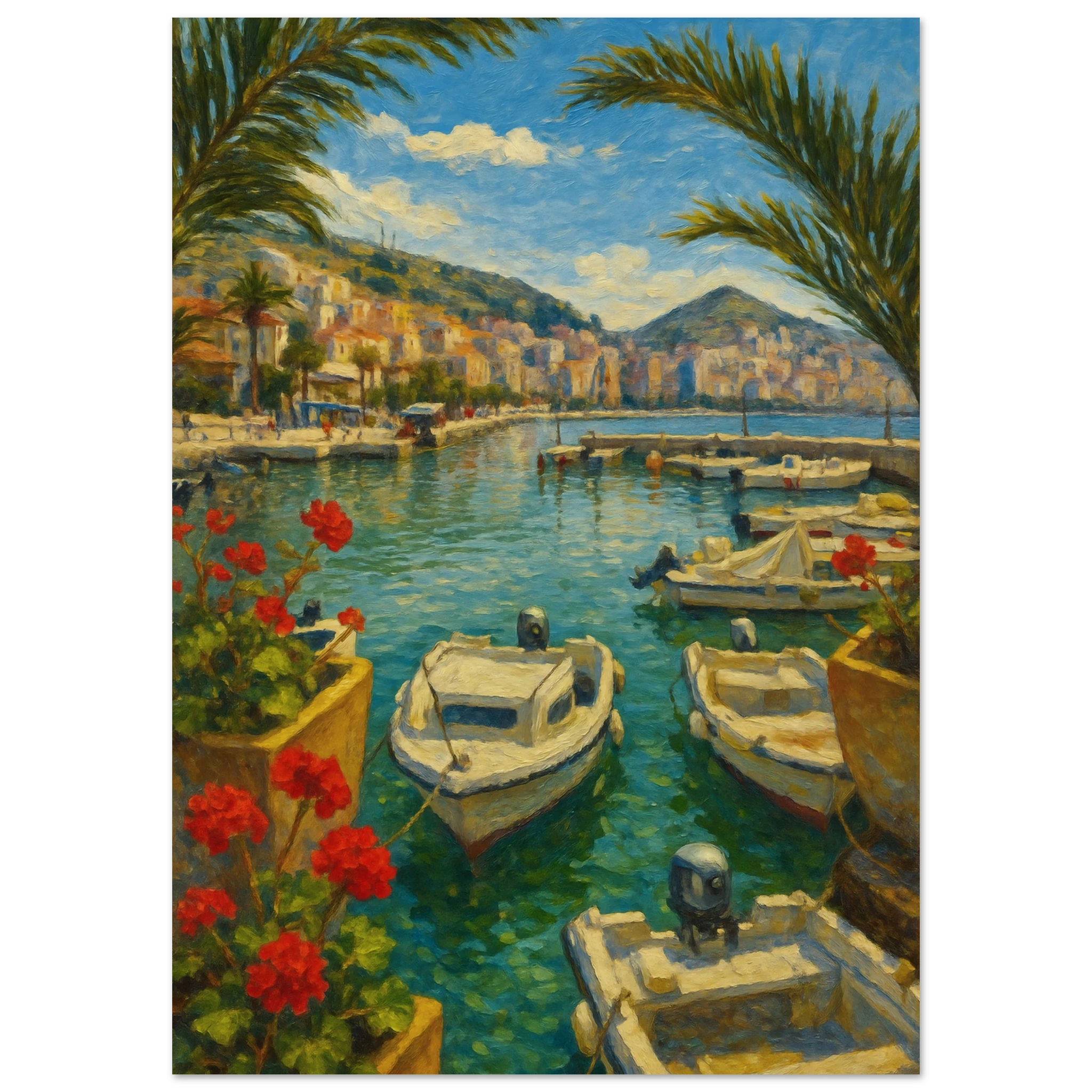Harbor scene with boats, flowers, and a cityscape in the background