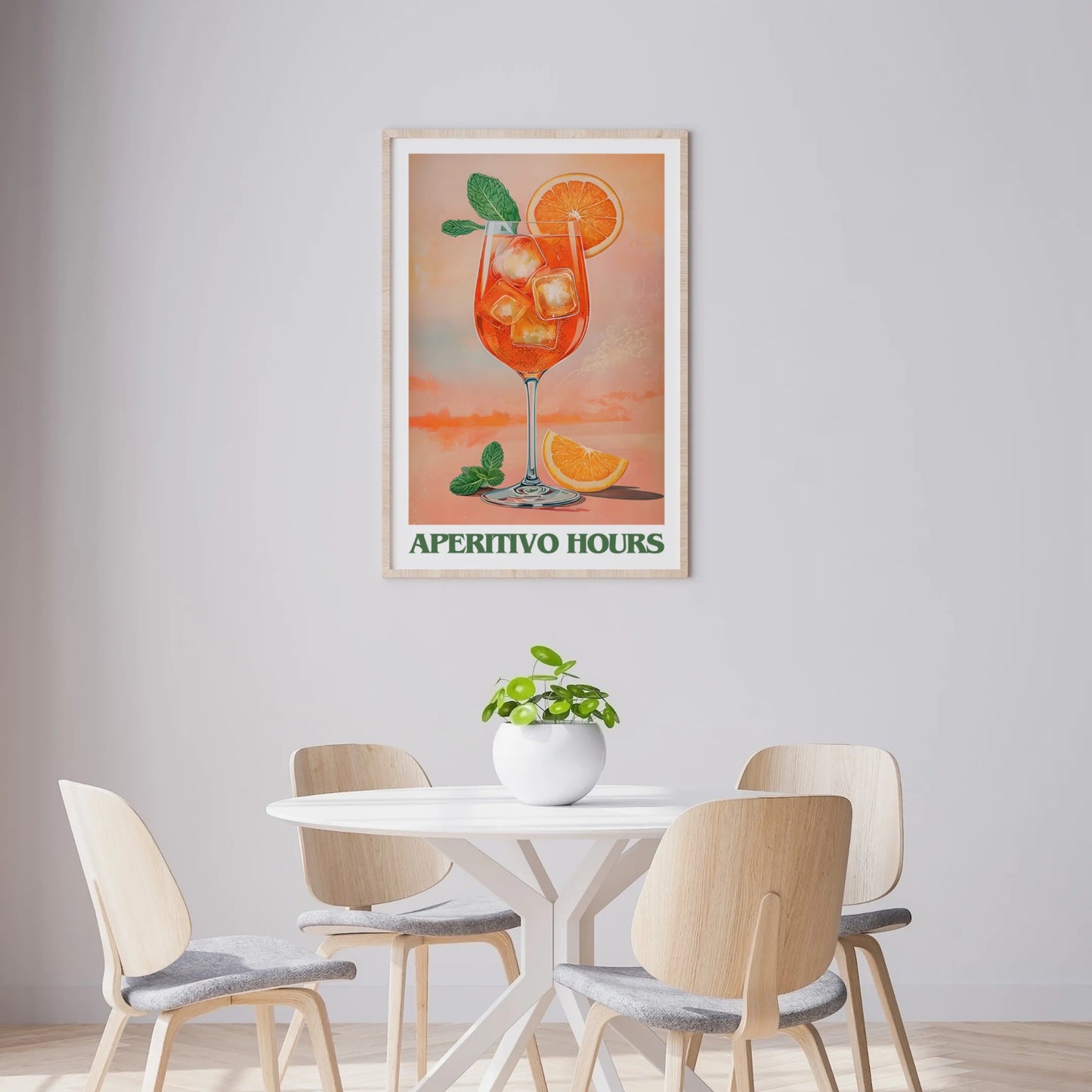 Aperitivo Hours drink poster above minimalist dining setup – Aperol spritz wall art for home bars