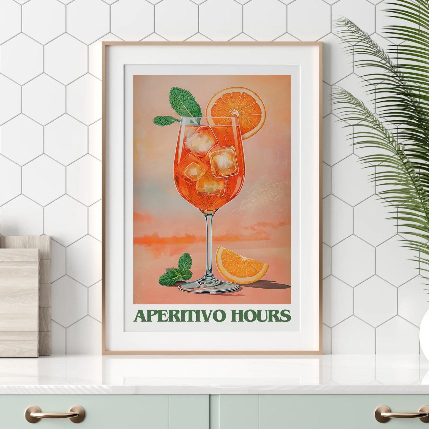 Premium Aperitivo Hours Giclée print with spritz glass – cocktail-themed poster for kitchen or living room