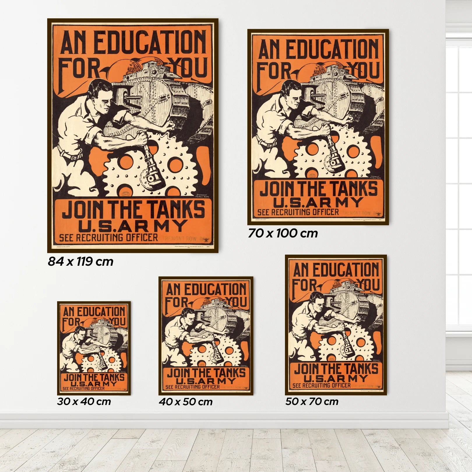 Set of vintage-style military recruitment posters on a white wall.