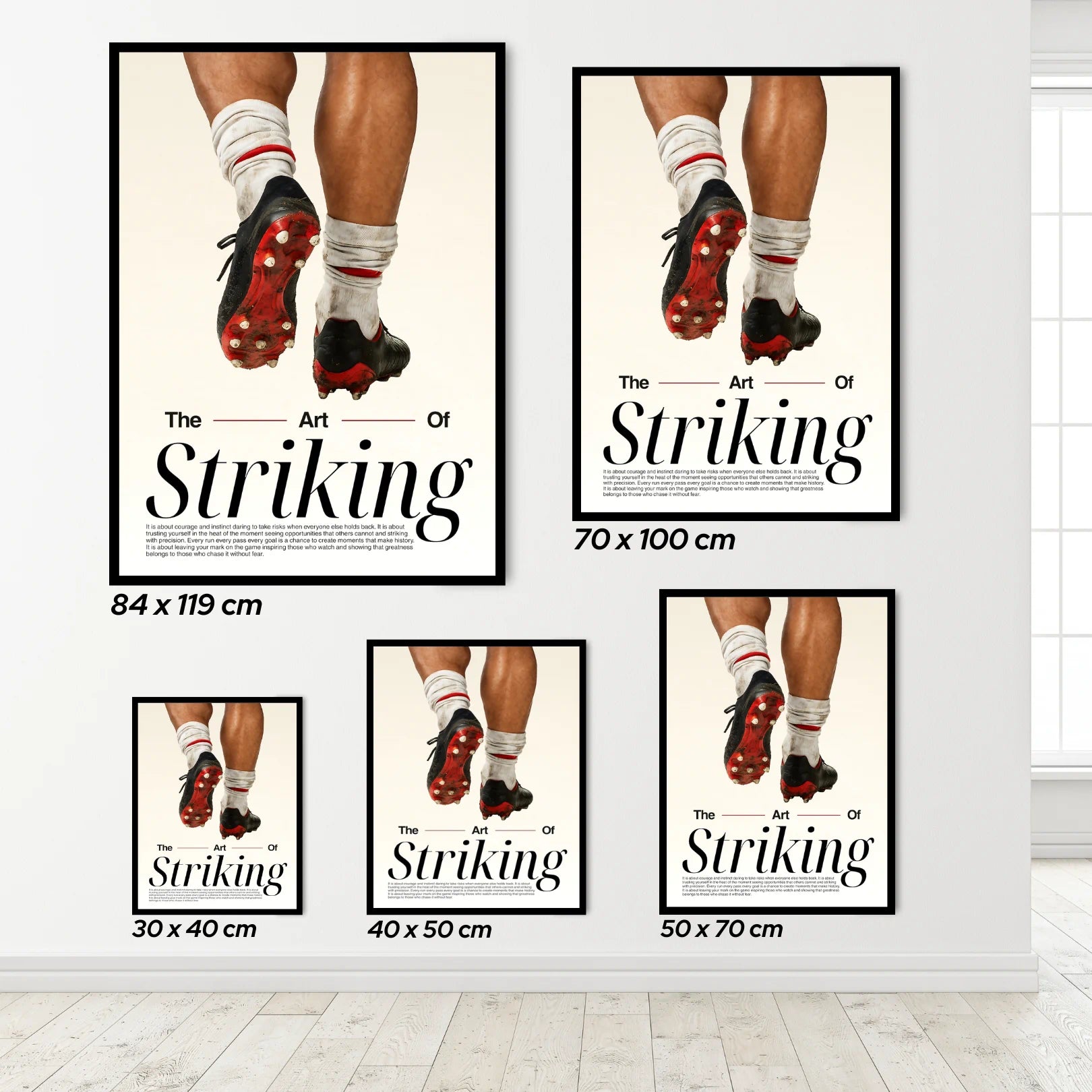 Set of 'The Art of Striking' posters showing feet with soccer cleats on a white wall.