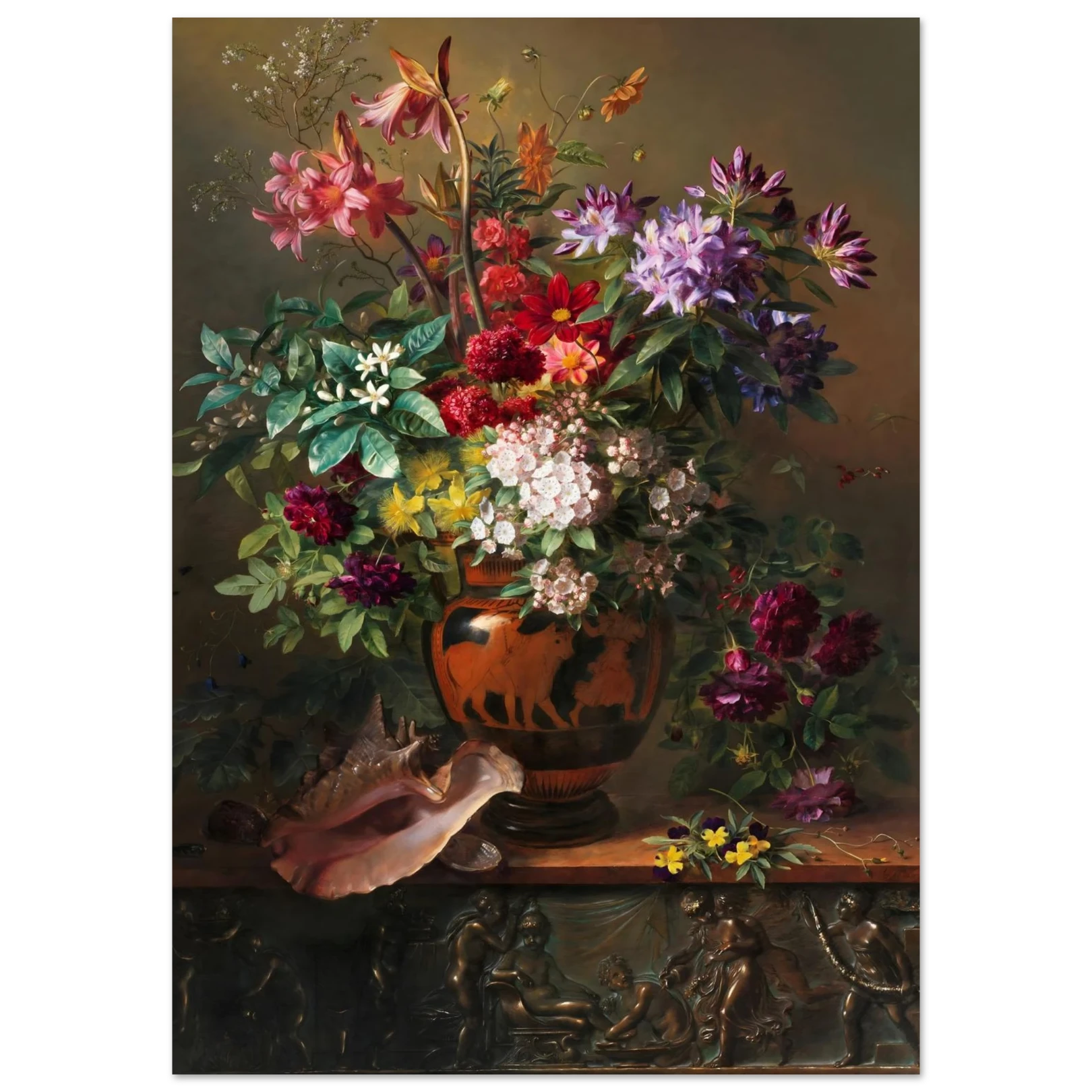 Still life painting of a vase with flowers on a table