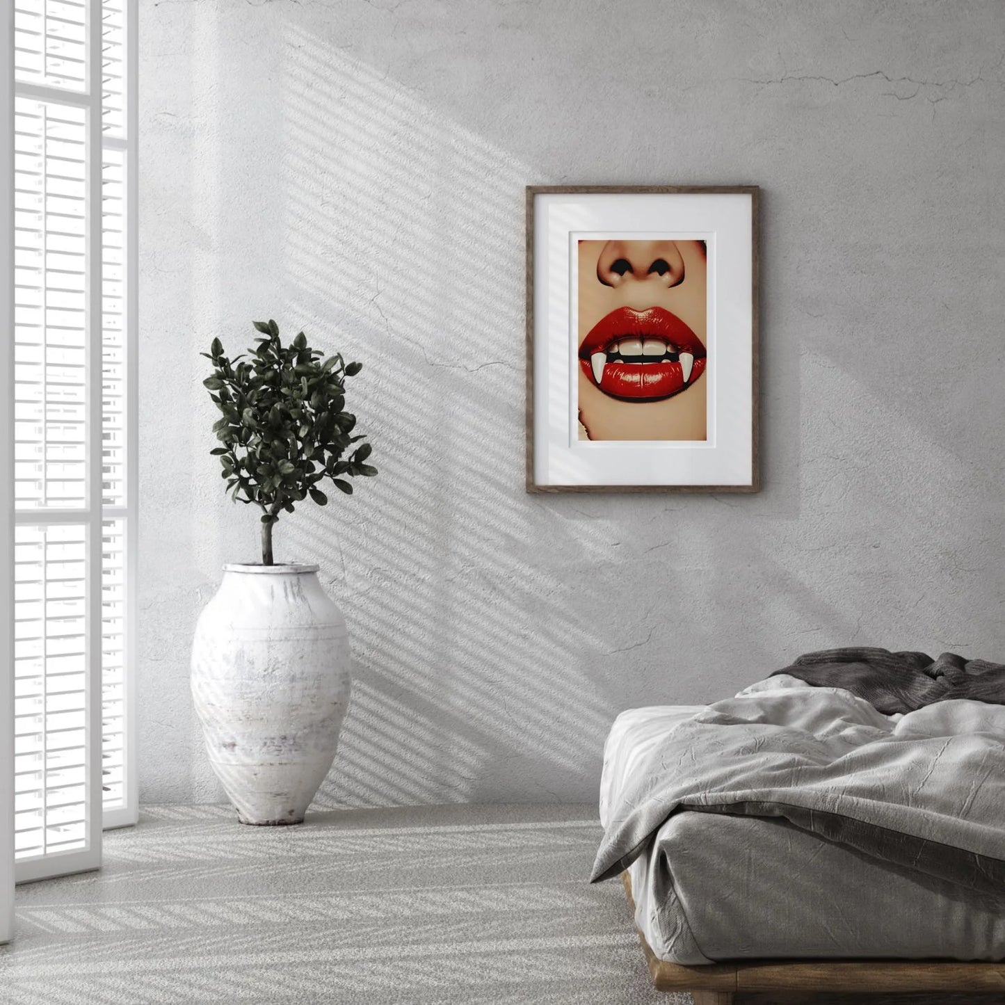 Bite Me wall art displayed in bedroom with grey concrete wall – pictorprints