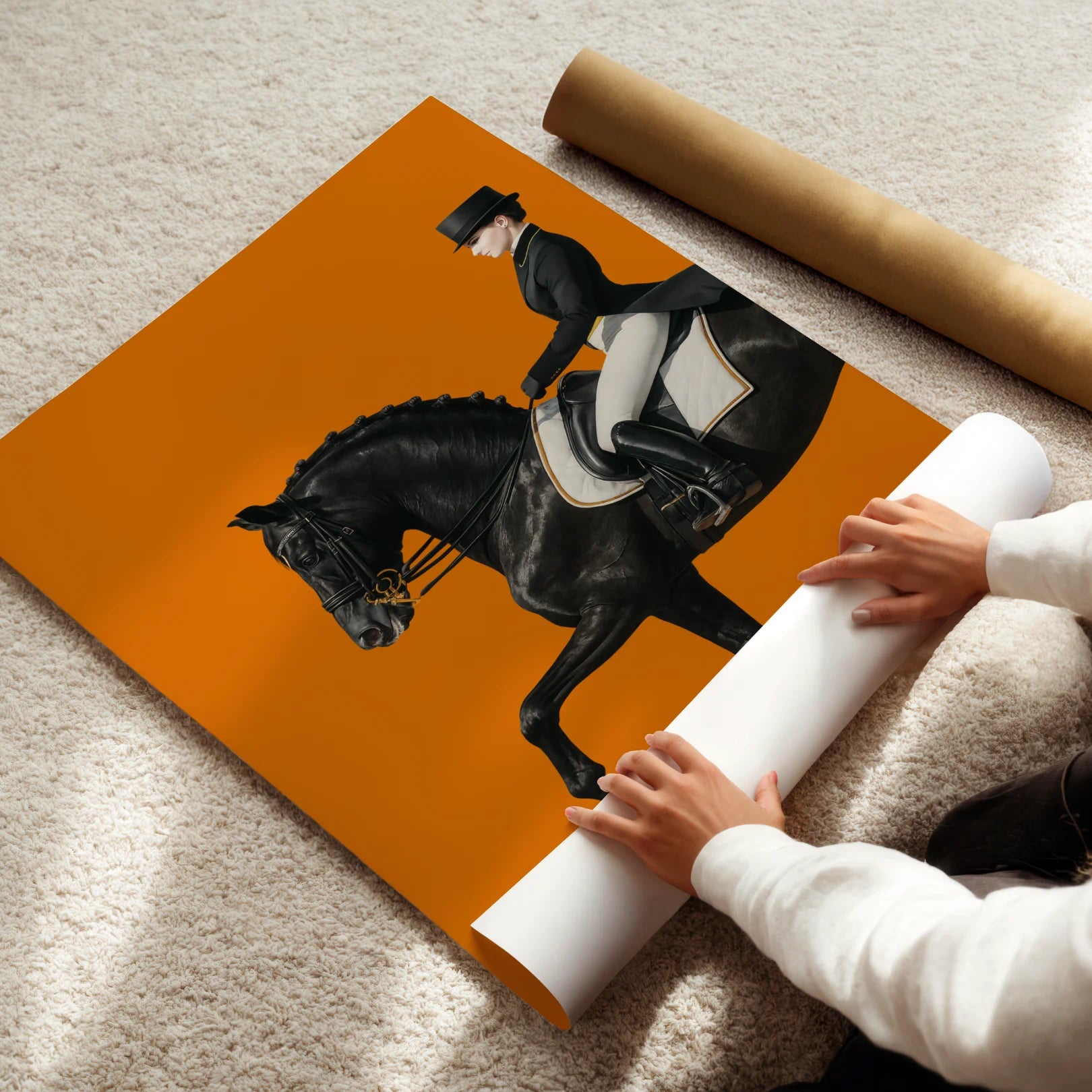 Person unrolling a large Hermes poster of a horse and rider on an orange background.