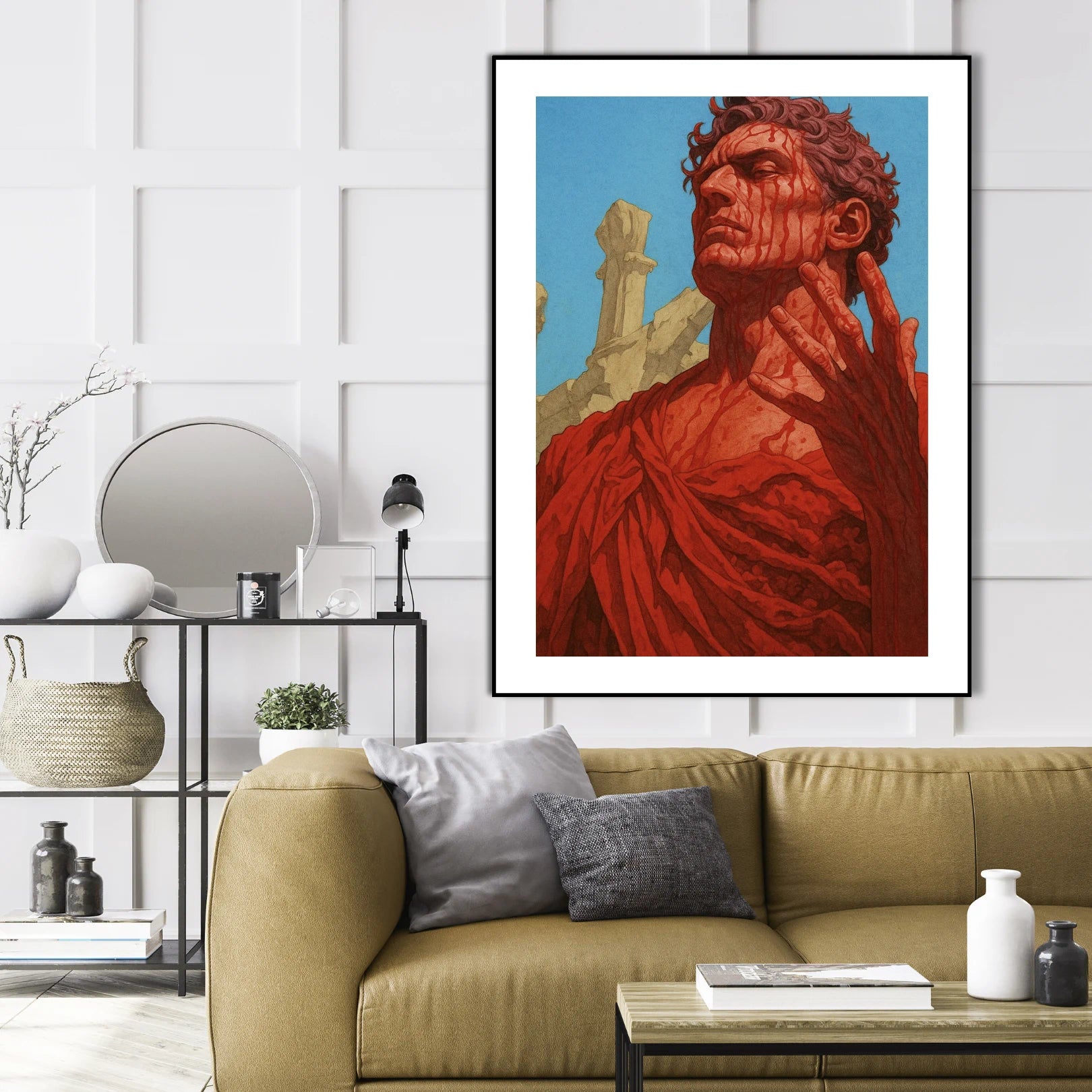 Framed artwork of a roman warrior covered in blood in a living room setting.