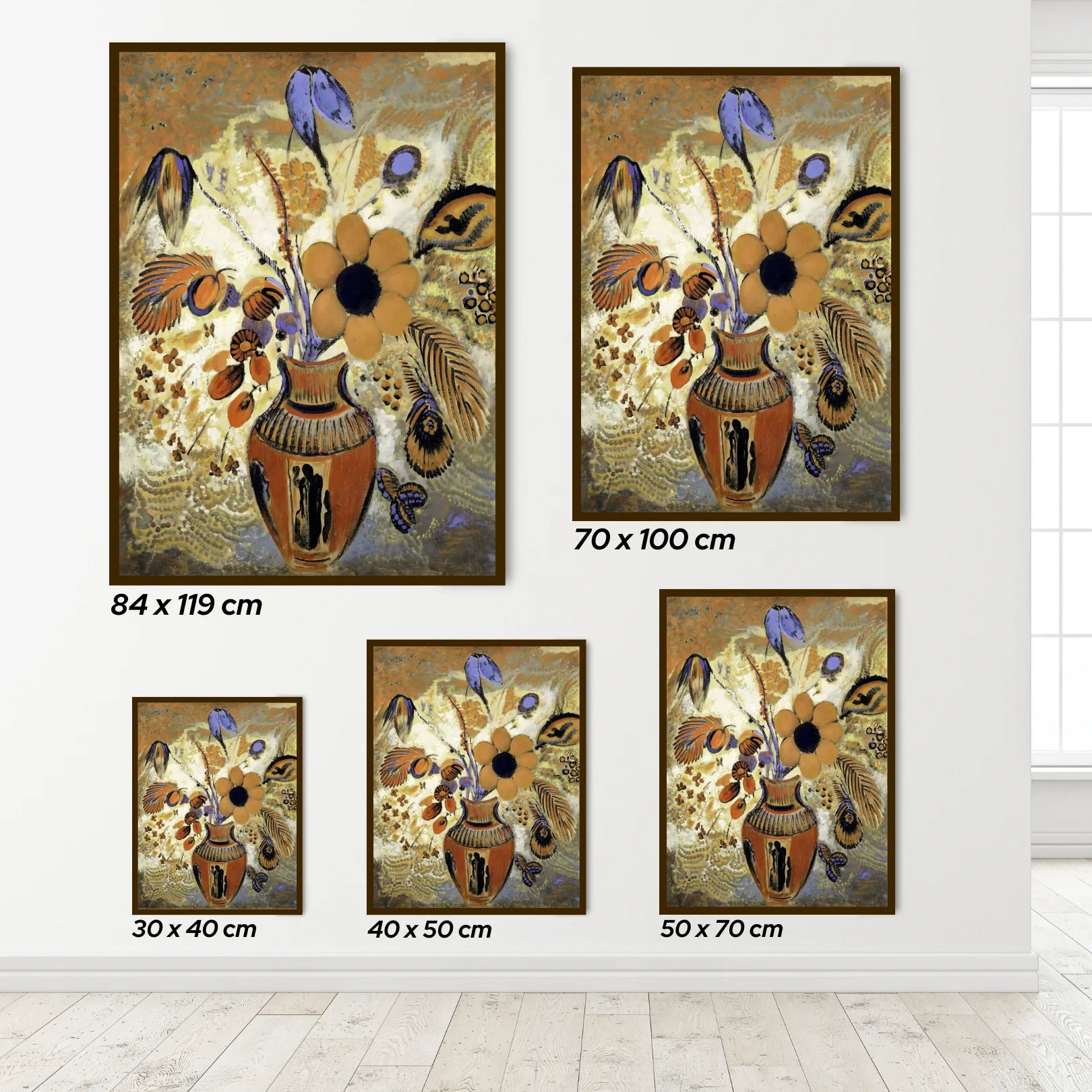 Set of floral art prints with dimensions displayed on a white wall.