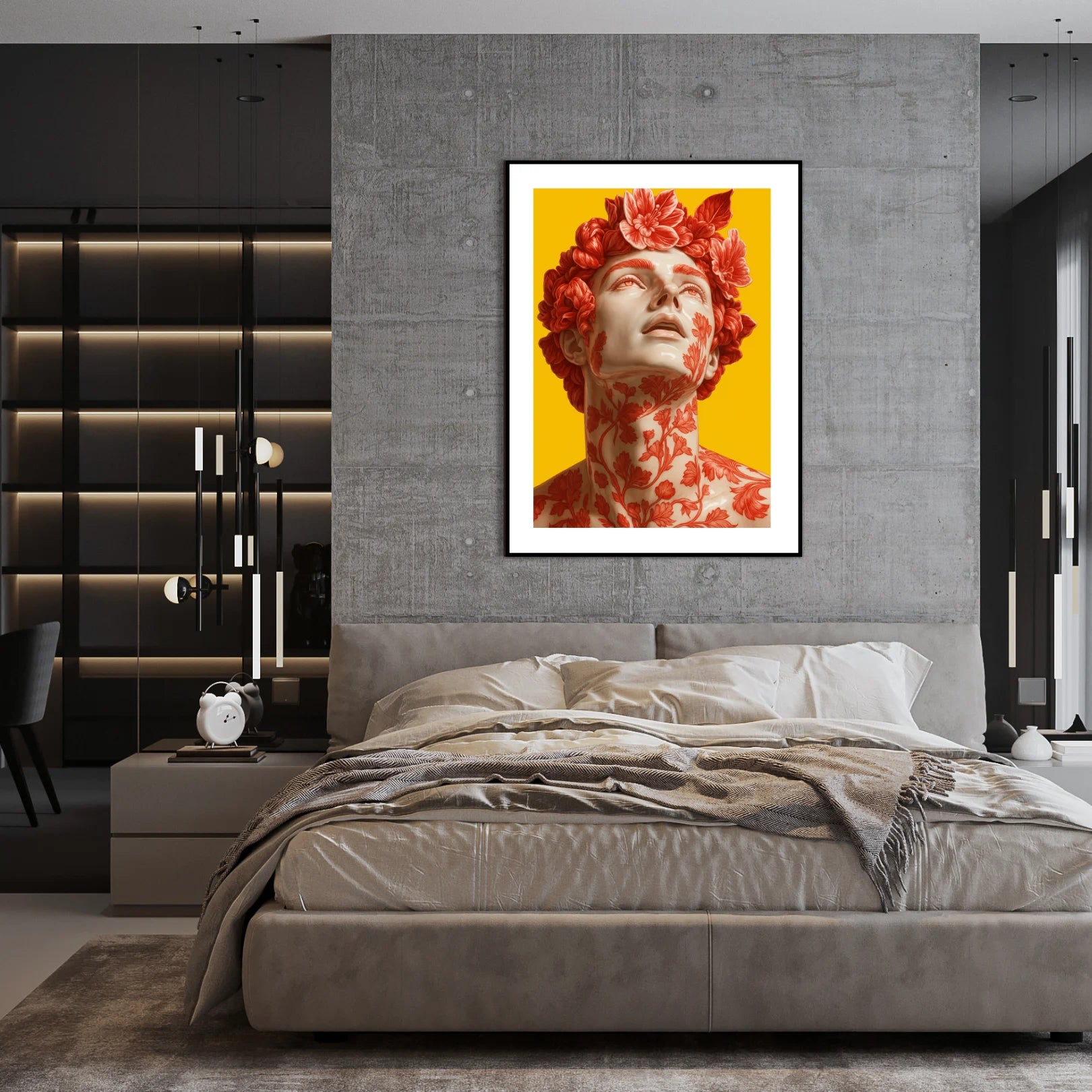 Modern bedroom with a bed and wall art featuring a stylized porcelain portrait of a man on a yellow background.