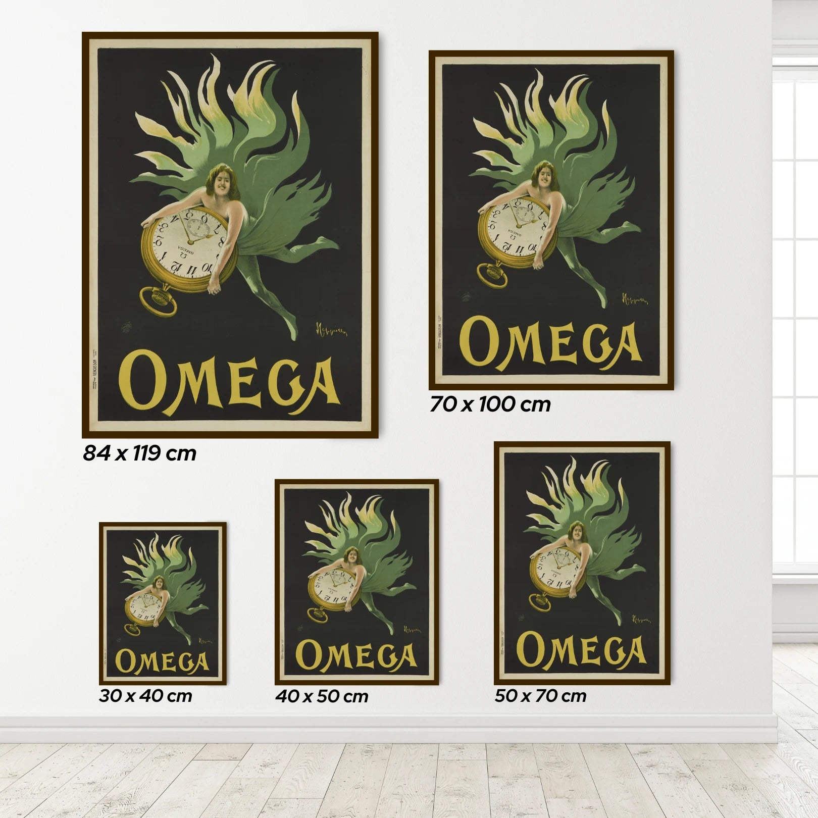 Set of Omega-themed wall art prints on a white wall.