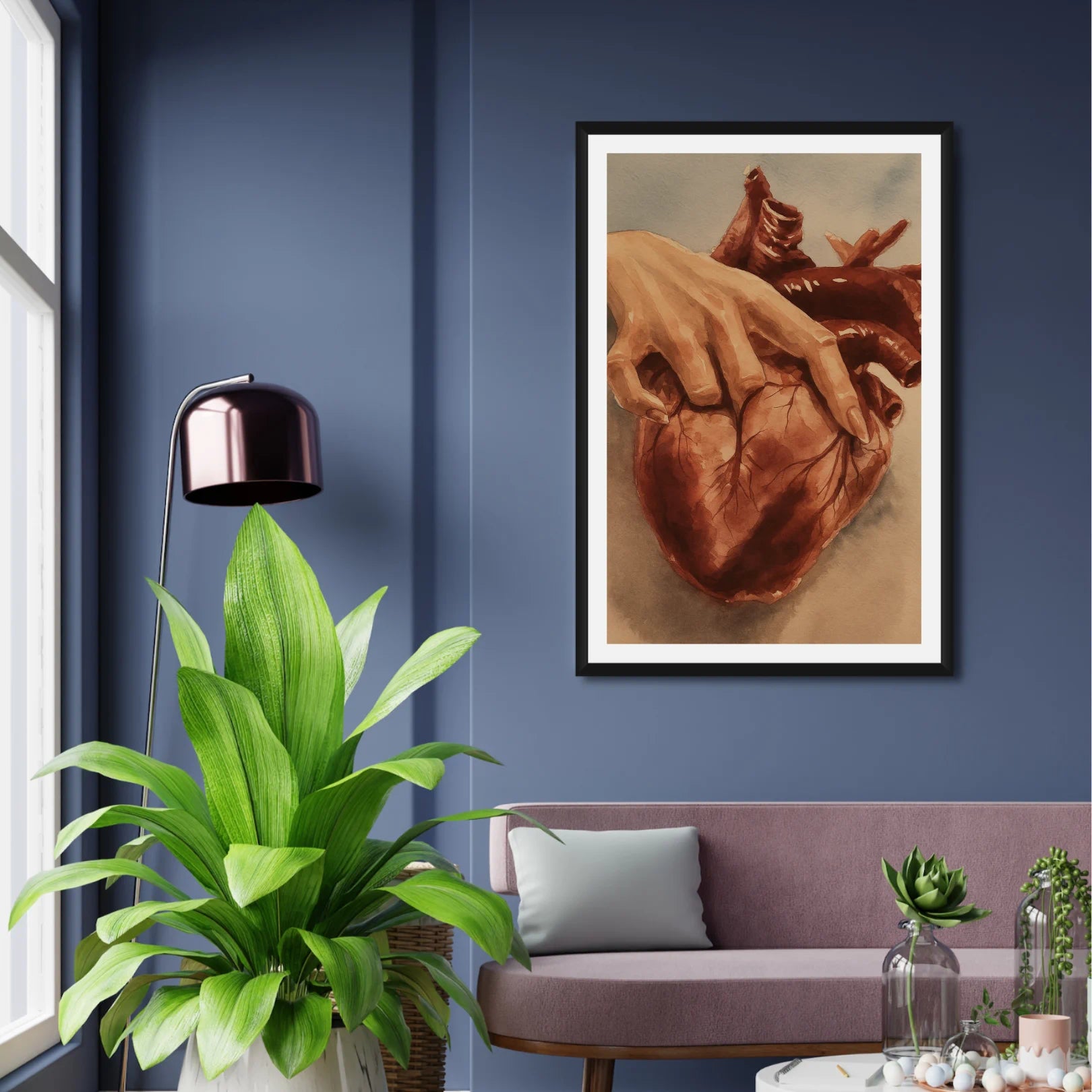 Heart-shaped artwork on a blue wall above a sofa with a plant and lamp.