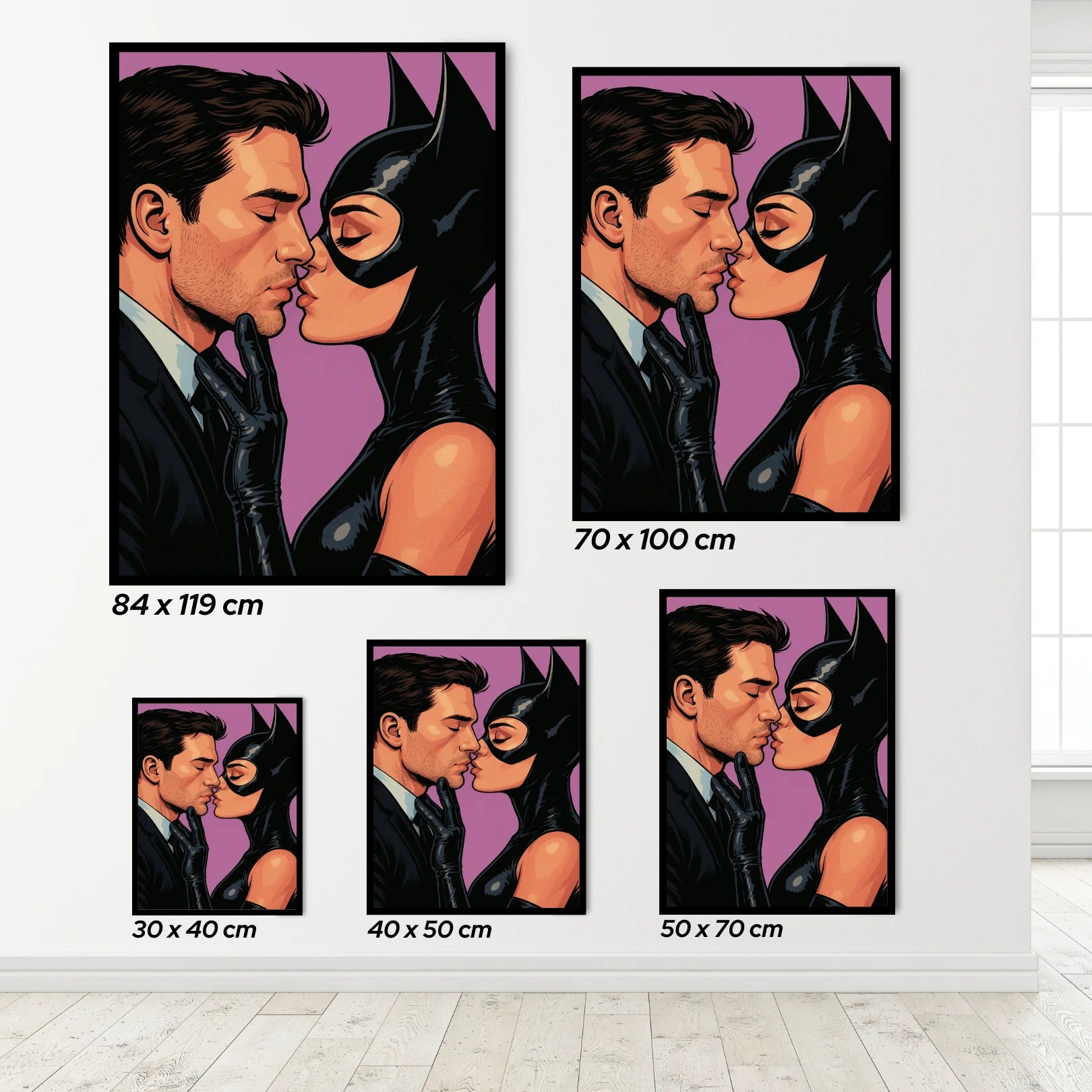 Set of cat woman  wall art prints on a white wall.