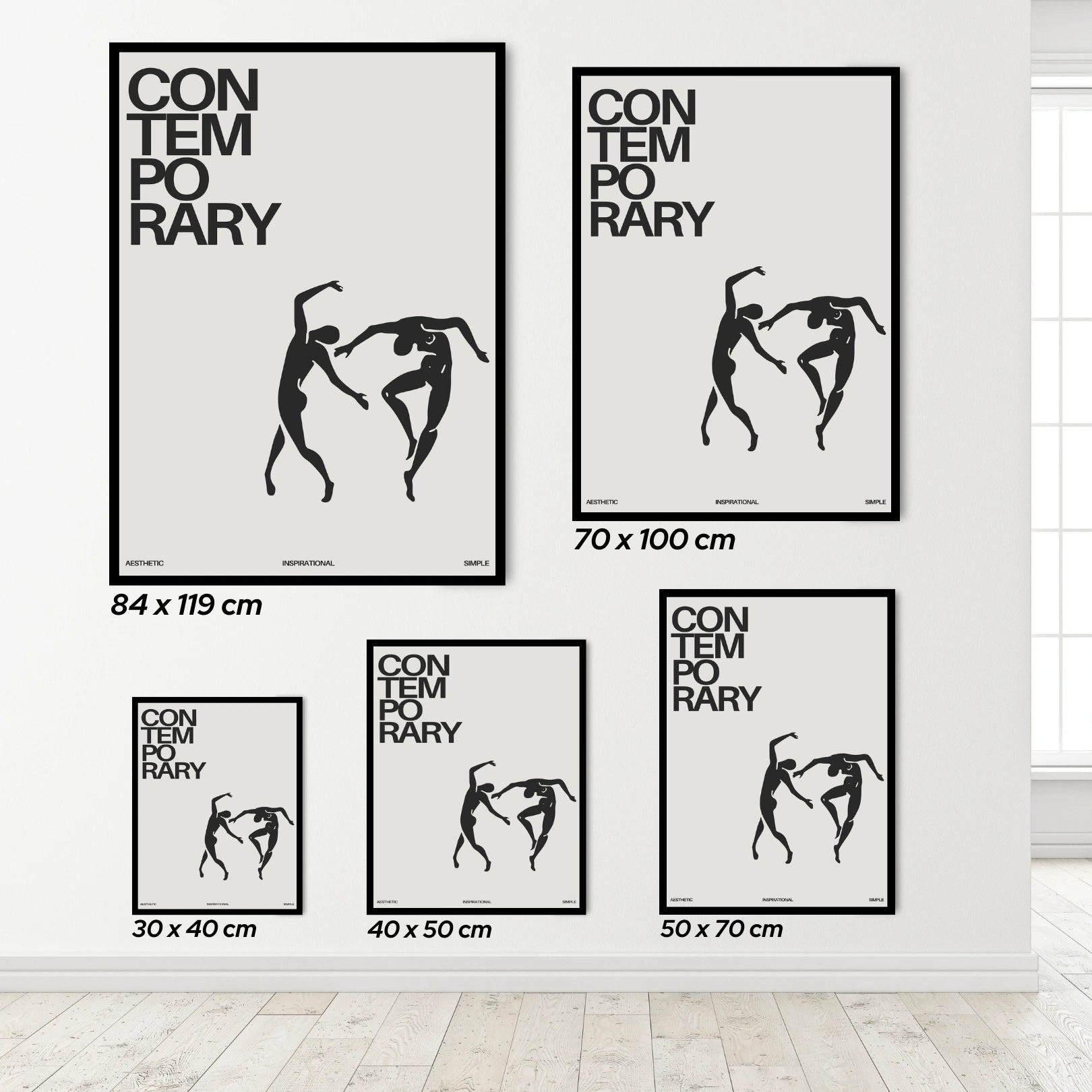 Set of four 'Contemporary' dance posters with dancer silhouettes on a white wall.