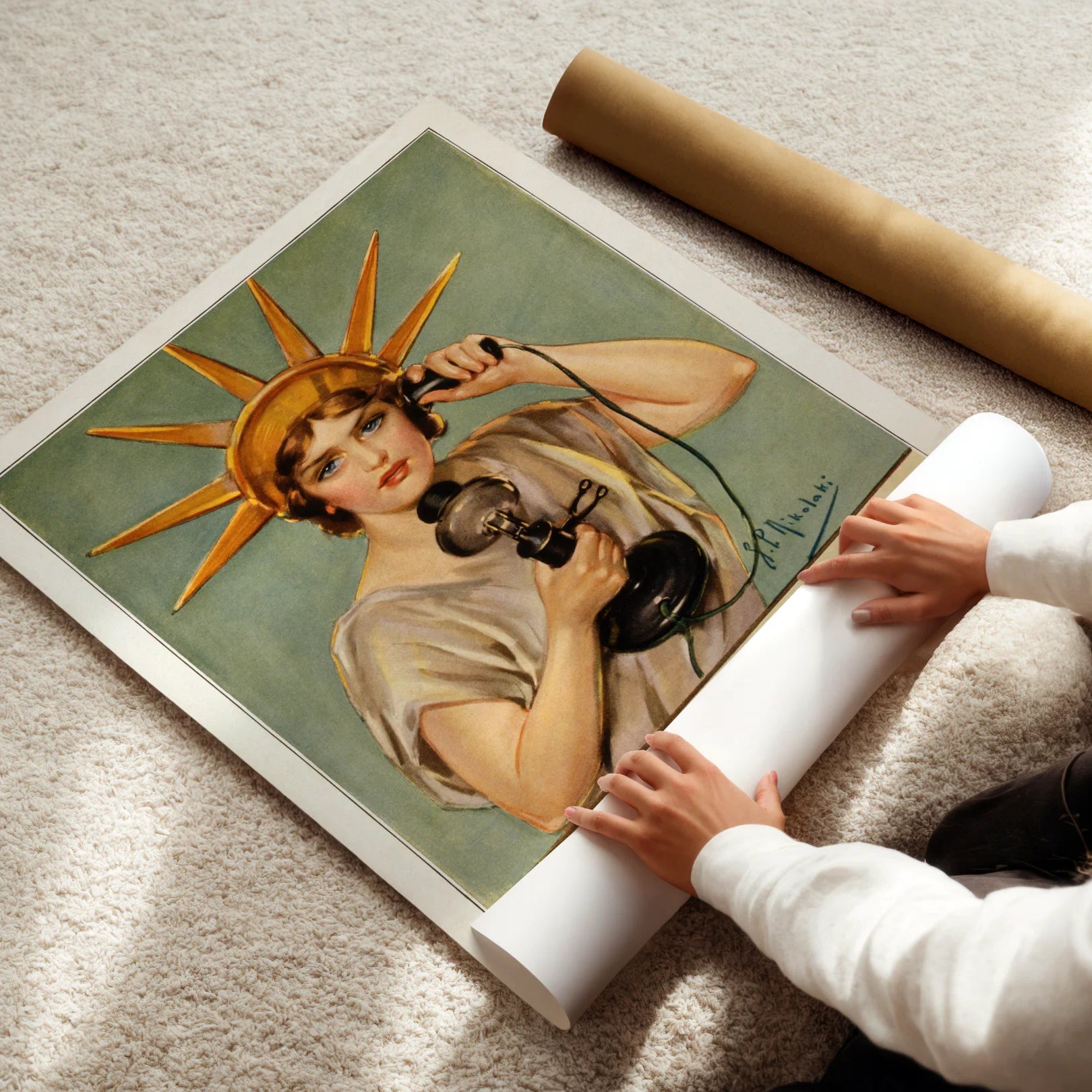 Person unrolling a vintage-style poster of a woman with a sun helmet holding a telephone.