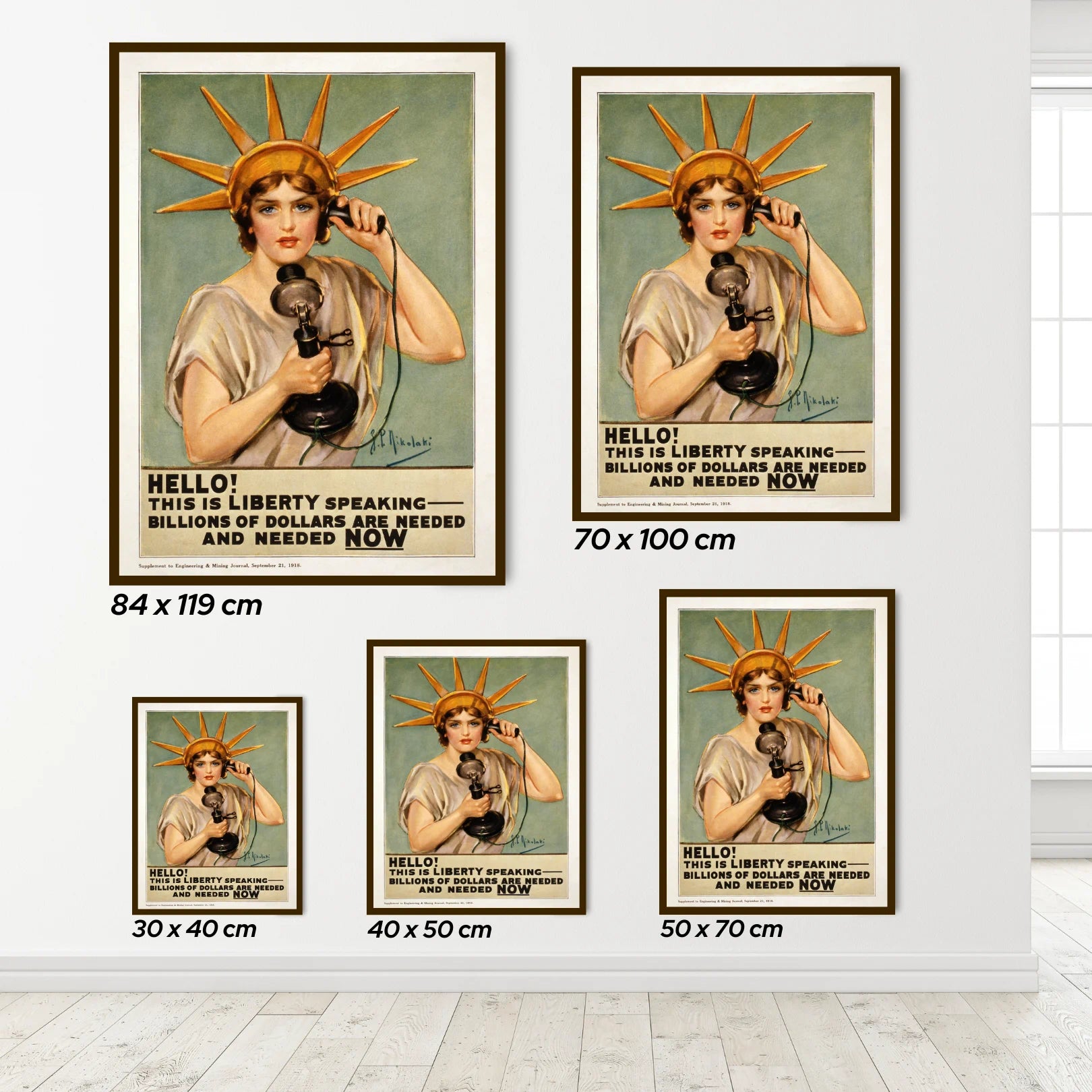 Set of vintage-style posters featuring a woman with a sunburst headpiece and a phone, displayed on a wall.