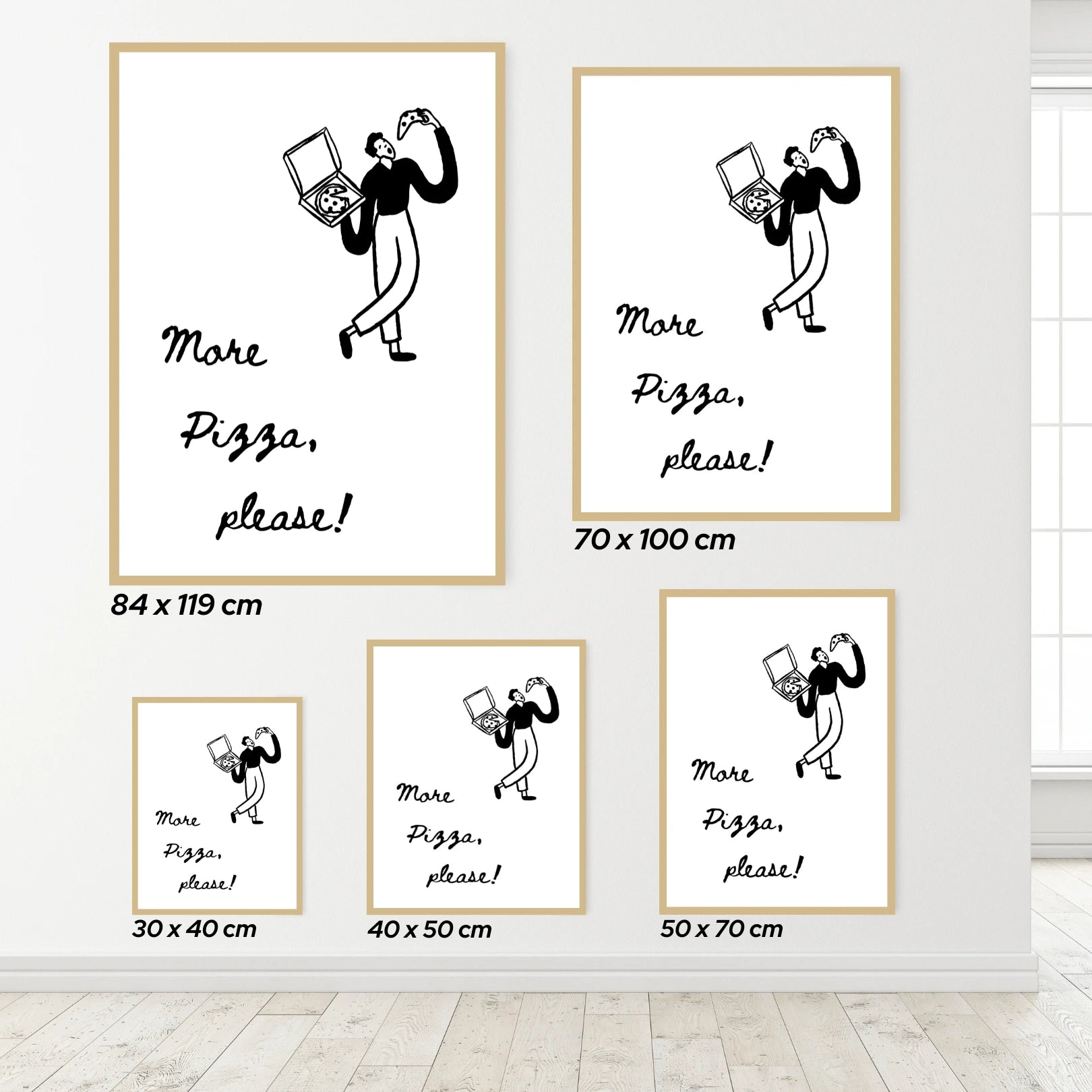 Set of framed prints with a man holding a pizza box and 'More Pizza, please!' text, displayed on a wall.