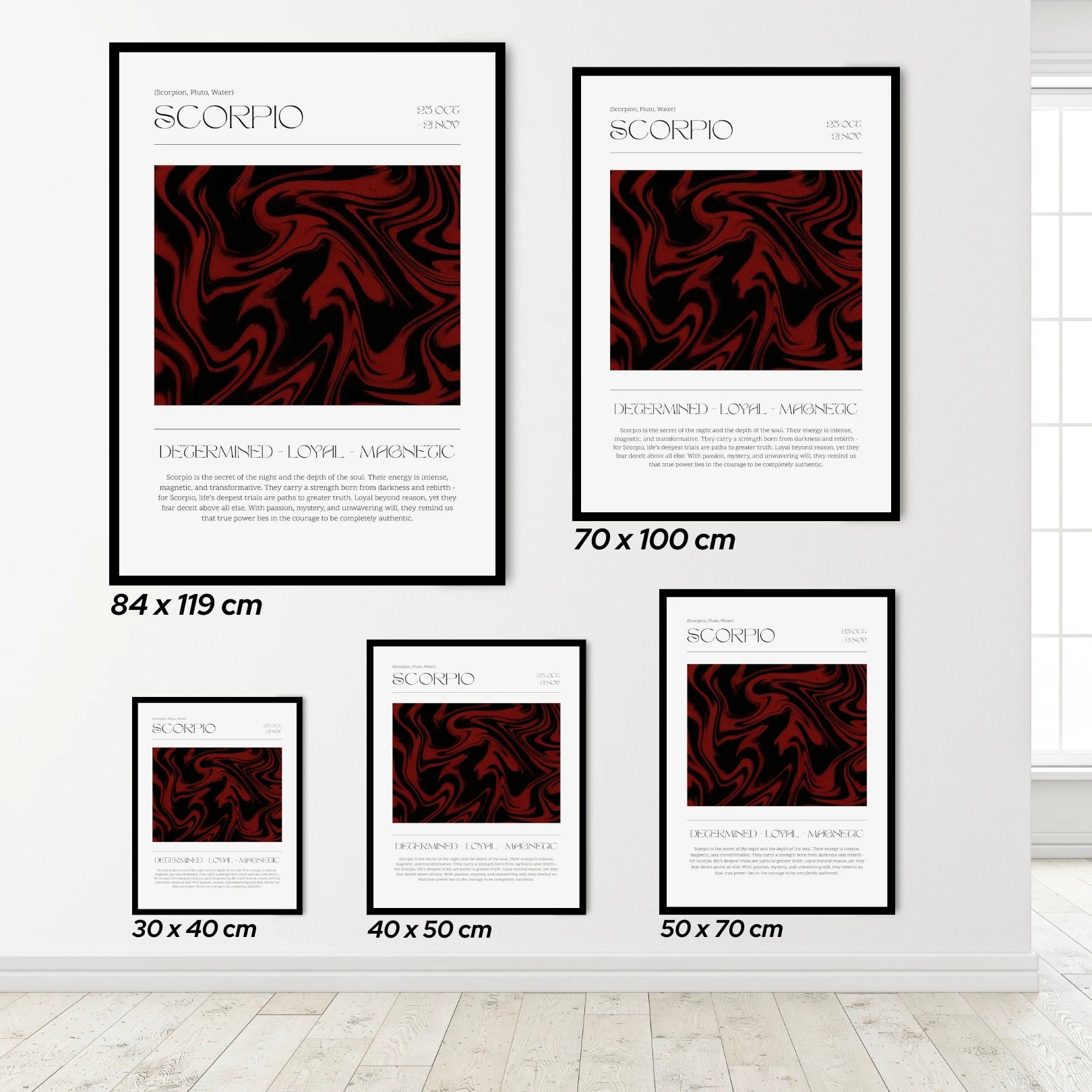 Set of Scorpio zodiac posters with different sizes on a white wall.