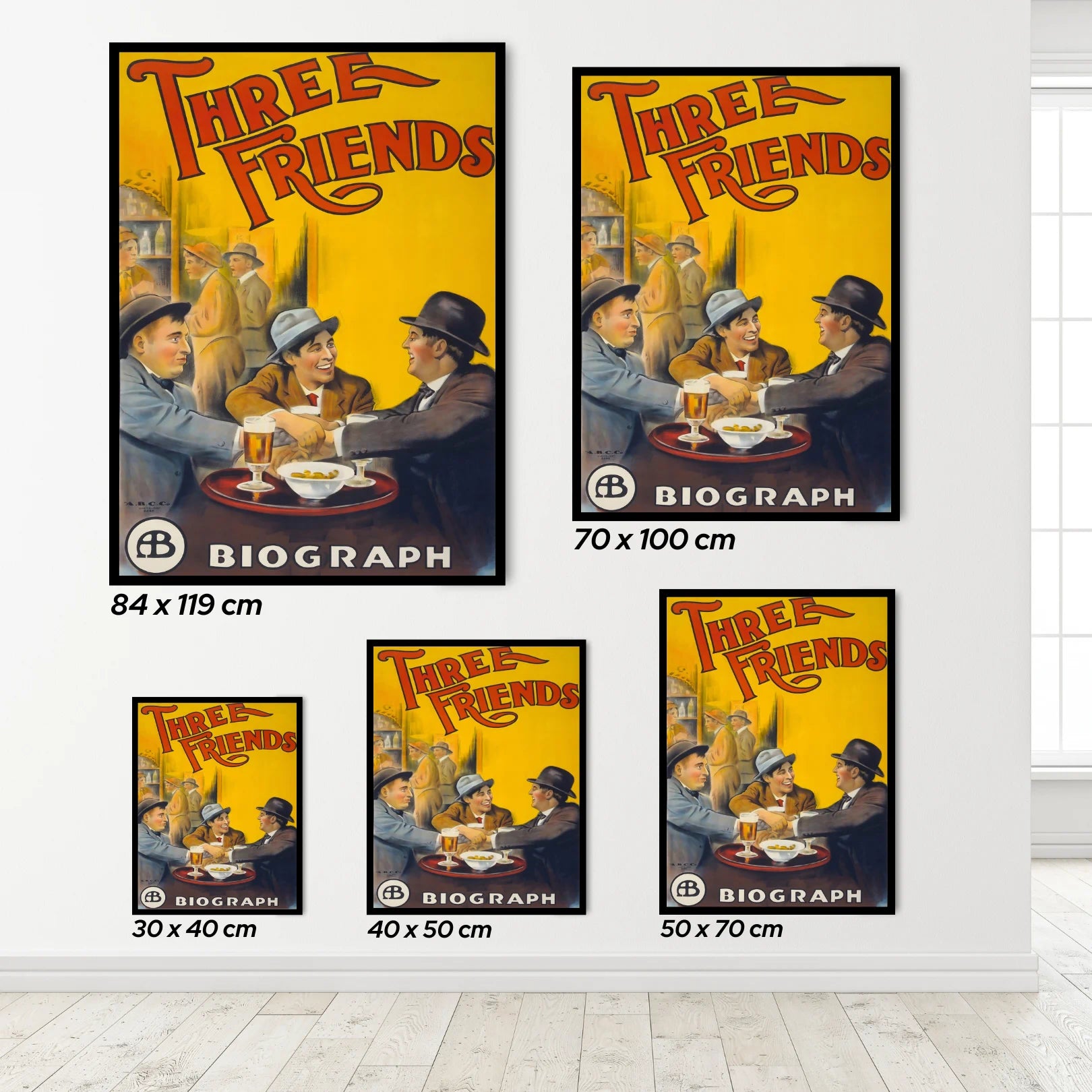 Vintage 'Three Friends' Biograph movie poster with different sizes displayed.
