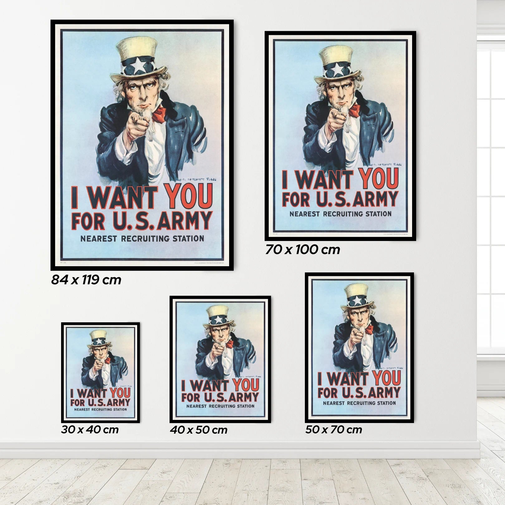 Set of 'I Want You for U.S. Army' posters in various sizes on a white wall.