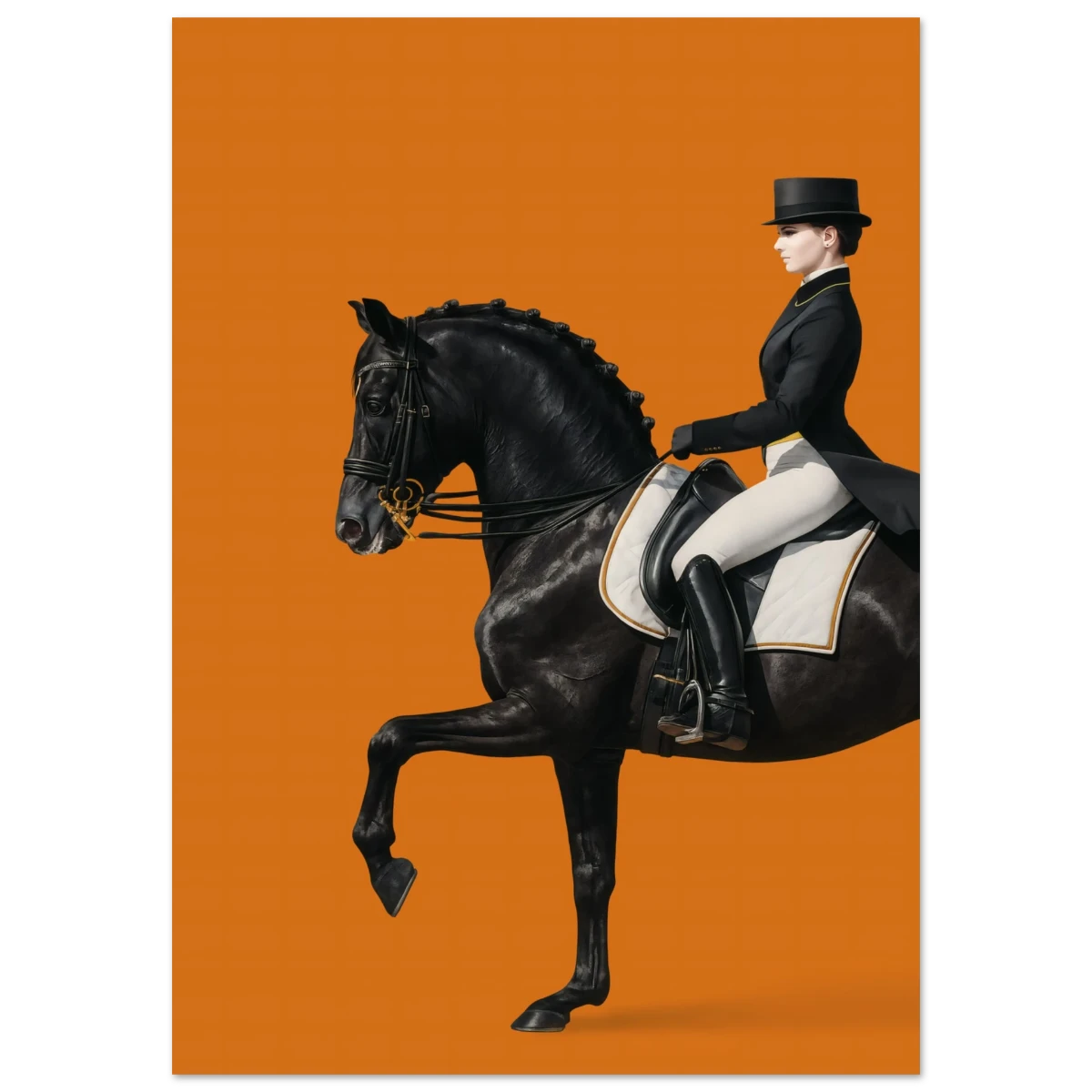 Hermes poster of a Woman riding a black horse on an orange background