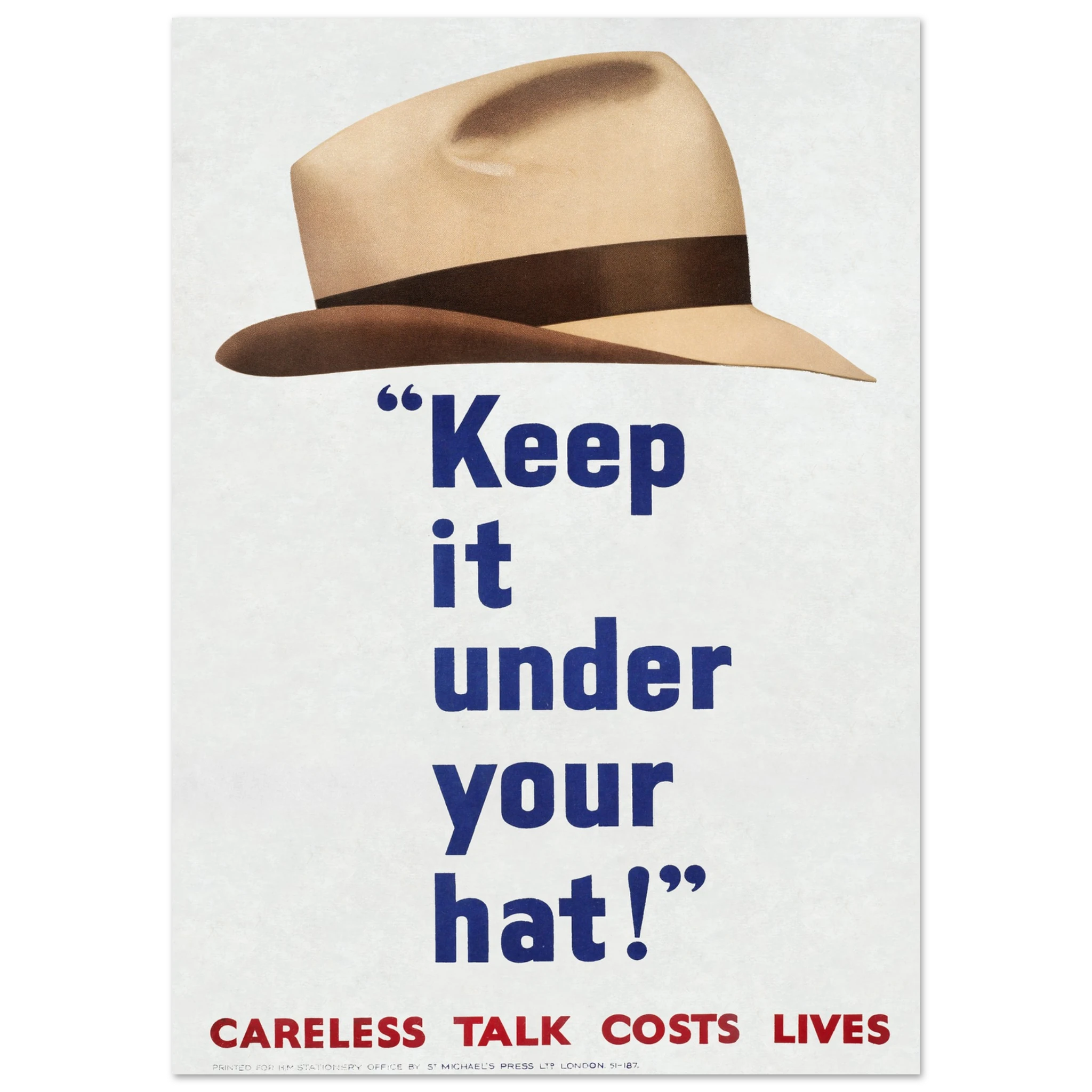 Poster with a tan hat and text 'Keep it under your hat! Careless talk costs lives' on a white background