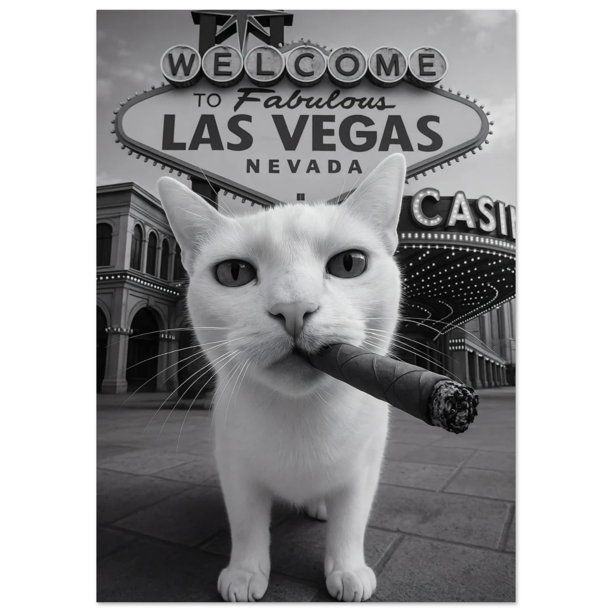 White cat holding a cigar in front of the Las Vegas sign