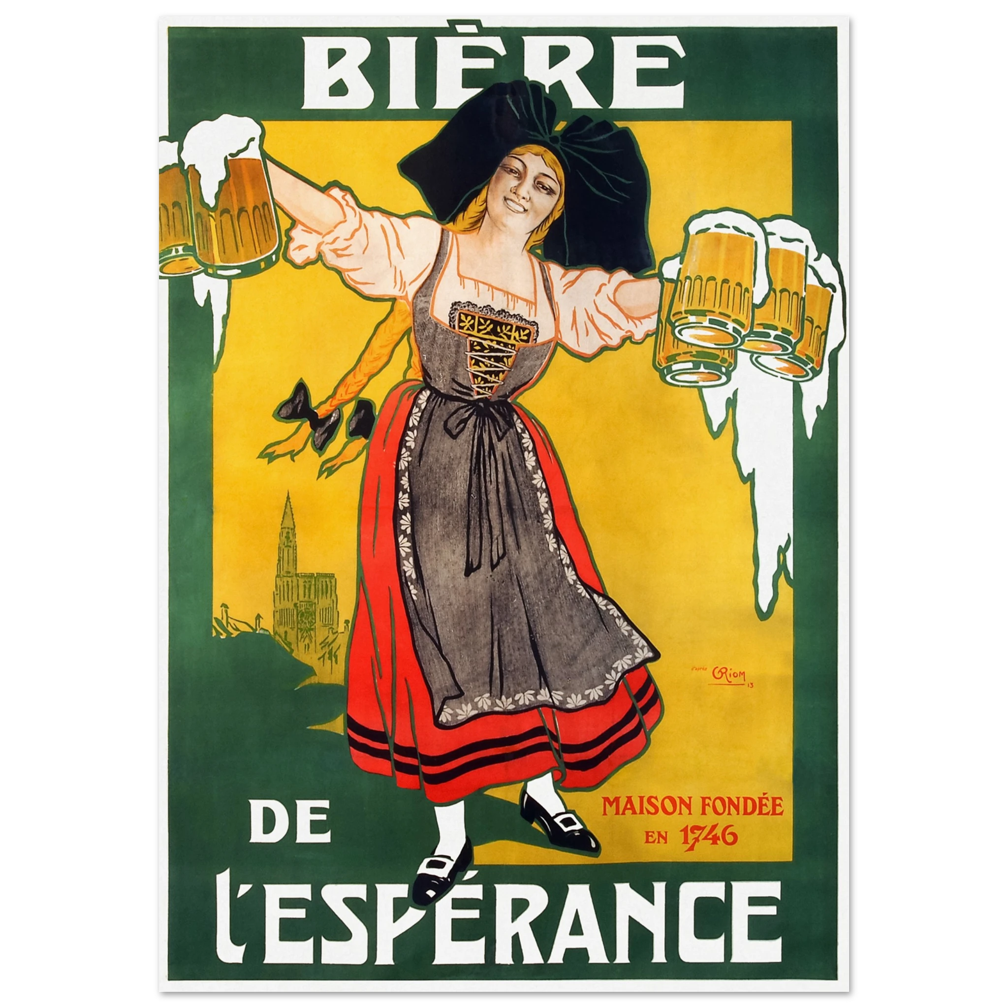 Vintage-style advertisement poster for Bière de l'Esperance featuring a woman in traditional attire holding beer mugs.