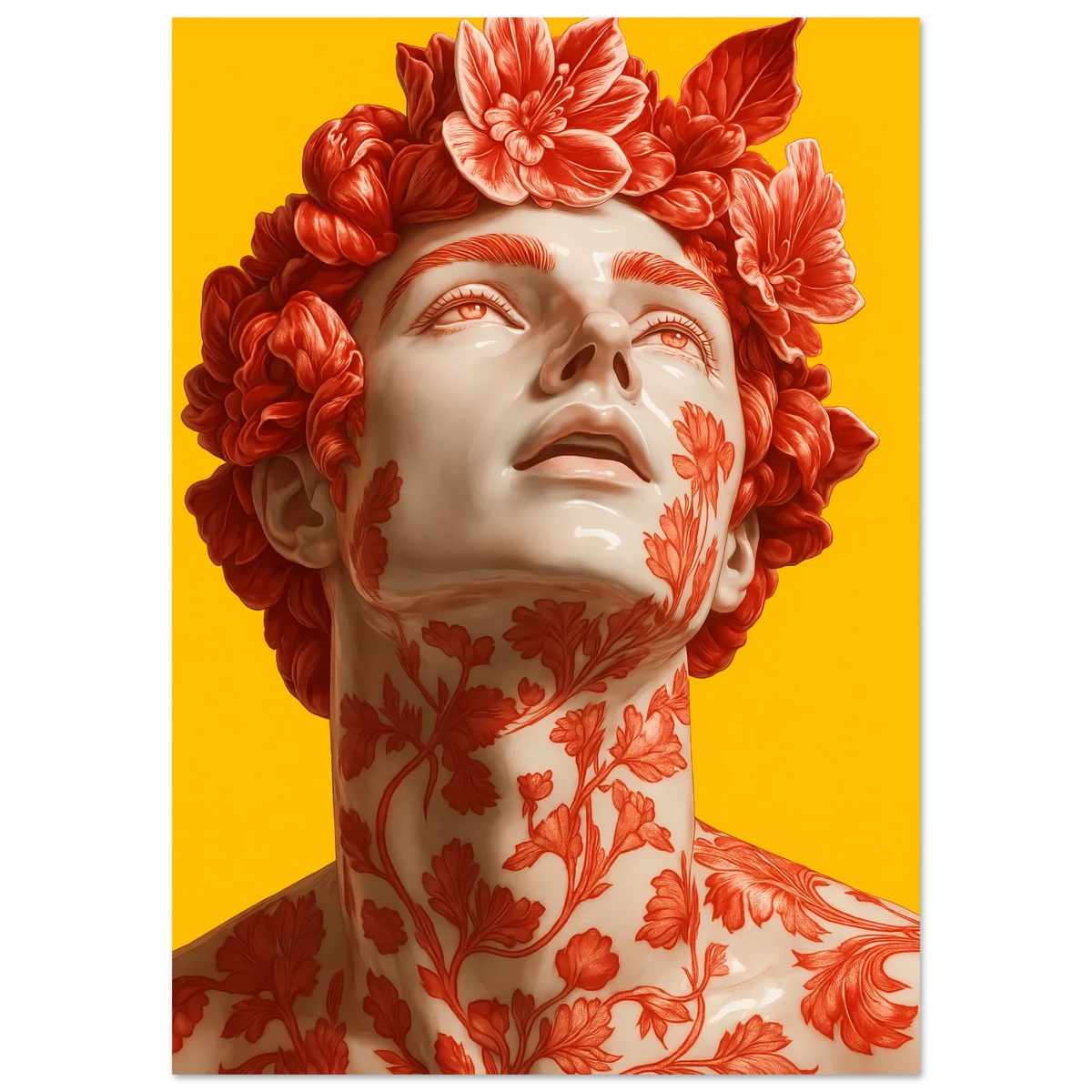 Statue poster with floral patterns on a yellow background