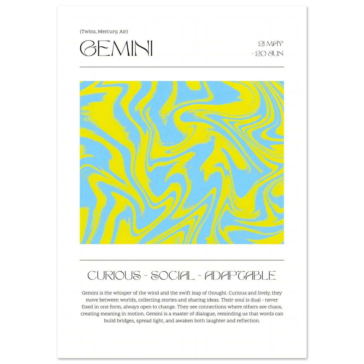 Gemini zodiac sign poster with abstract yellow and blue design on a white background