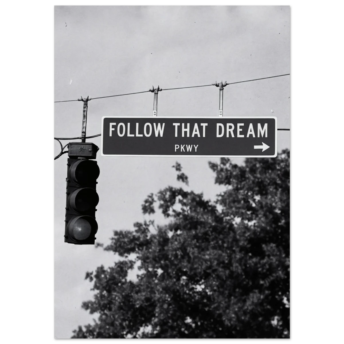 Street sign poster with 'Follow That Dream PKWY' text and traffic light, with trees in the background.