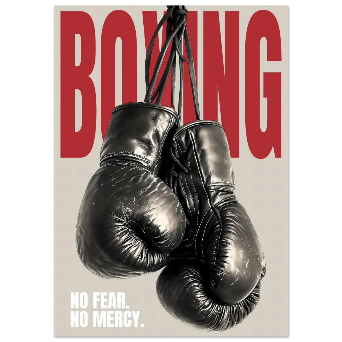 Pair of black boxing gloves with 'BOXING' text and 'No Fear. No Mercy.' quote on a beige background