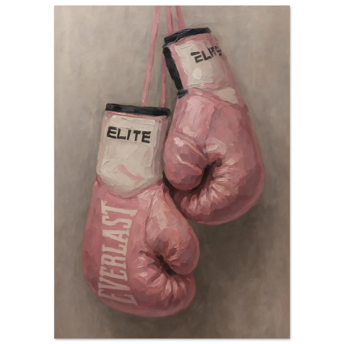 Pink boxing gloves poster with 'Everlast' branding on a textured beige background