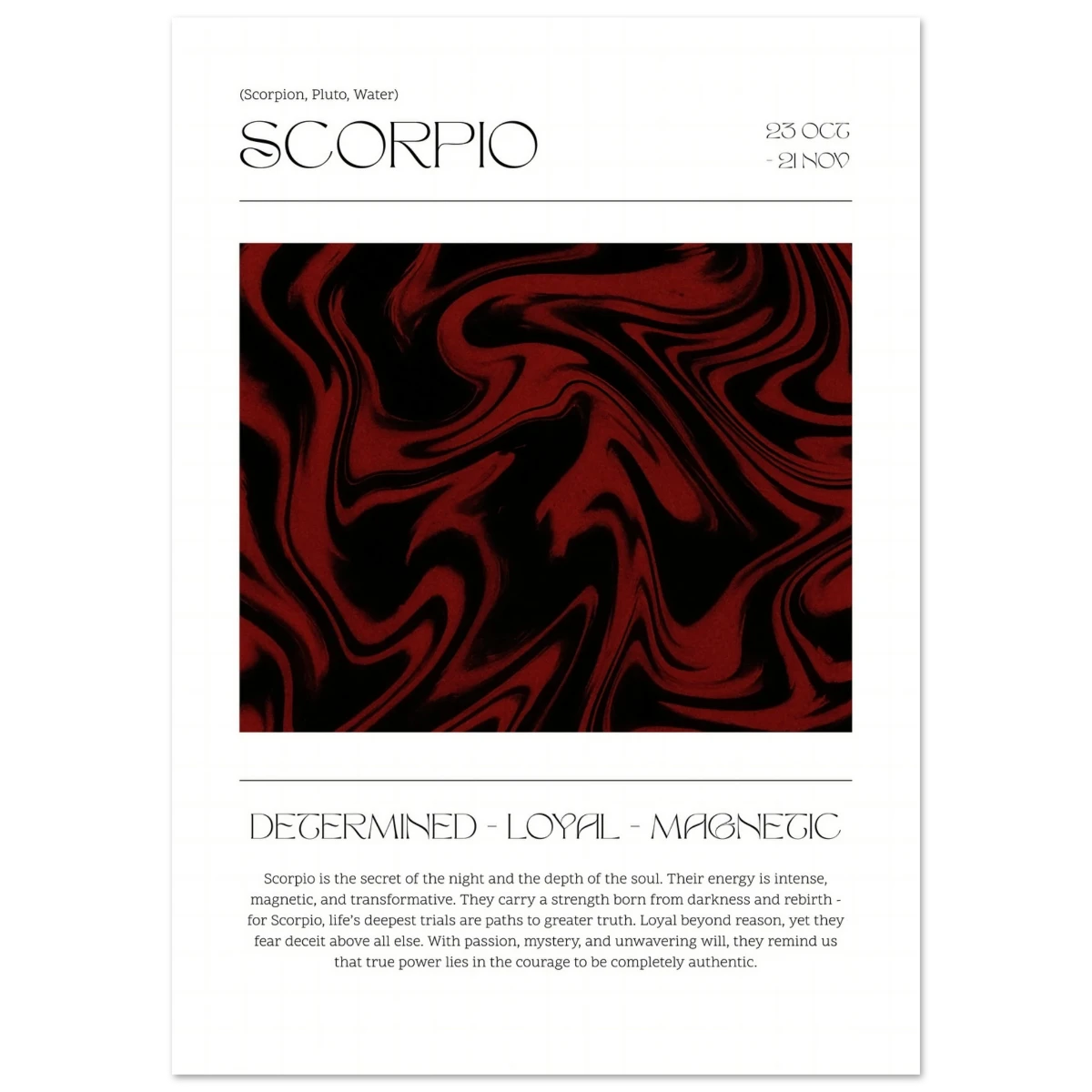 Zodiac sign poster of Scorpio with red and black abstract design on a white background