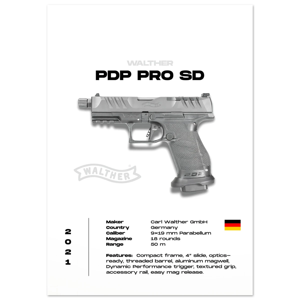 Walther PDP Pro SD gun poster on a white background with product details.