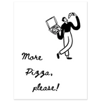 Illustration of a person holding a pizza box with 'More Pizza, please!' text on a white background