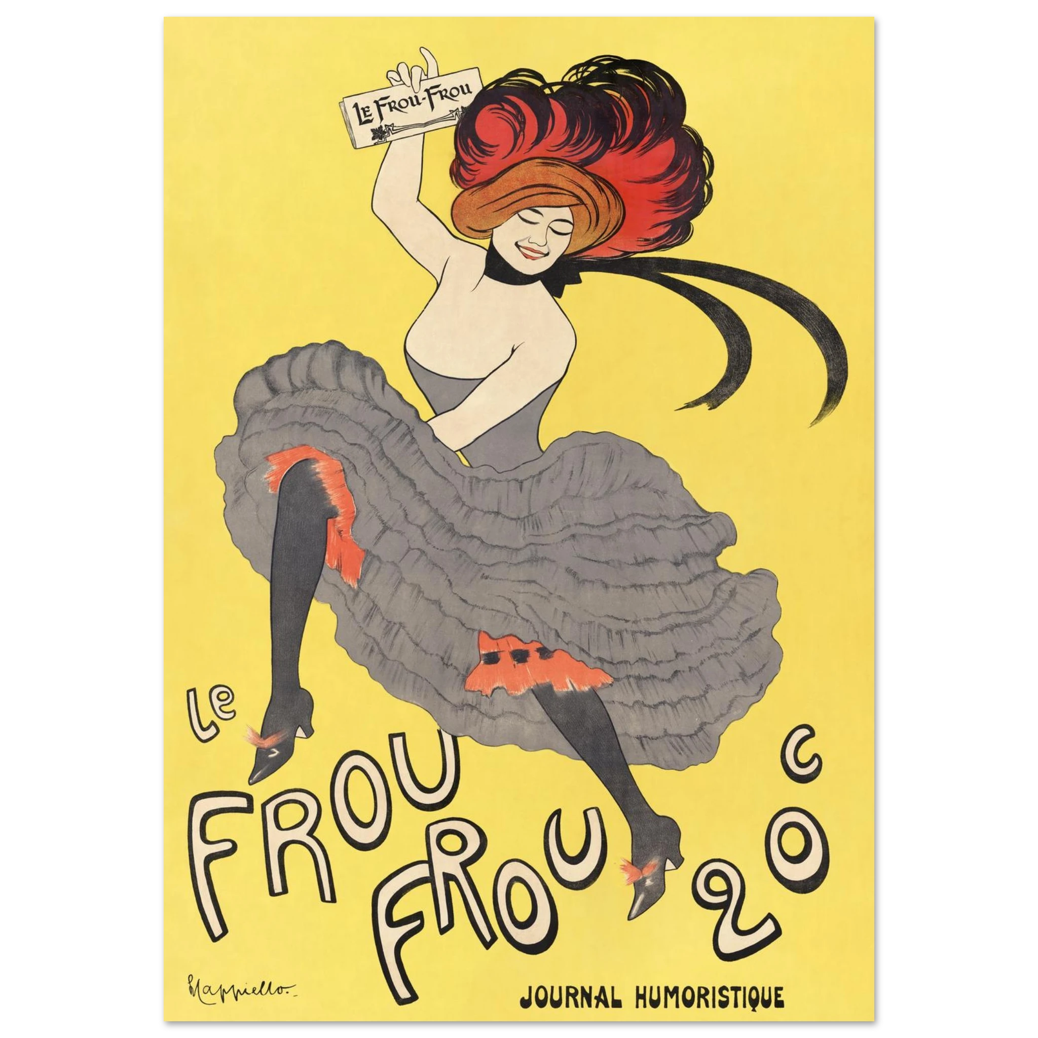 Vintage-style poster with a woman in a gray dress against a yellow background, featuring text 'Le Frou Frou'. 
