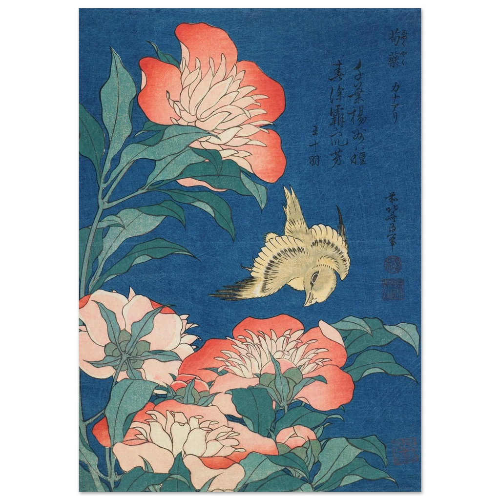 Traditional Japanese artwork with flowers and a bird on a blue background