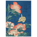Traditional Japanese artwork with flowers and a bird on a blue background