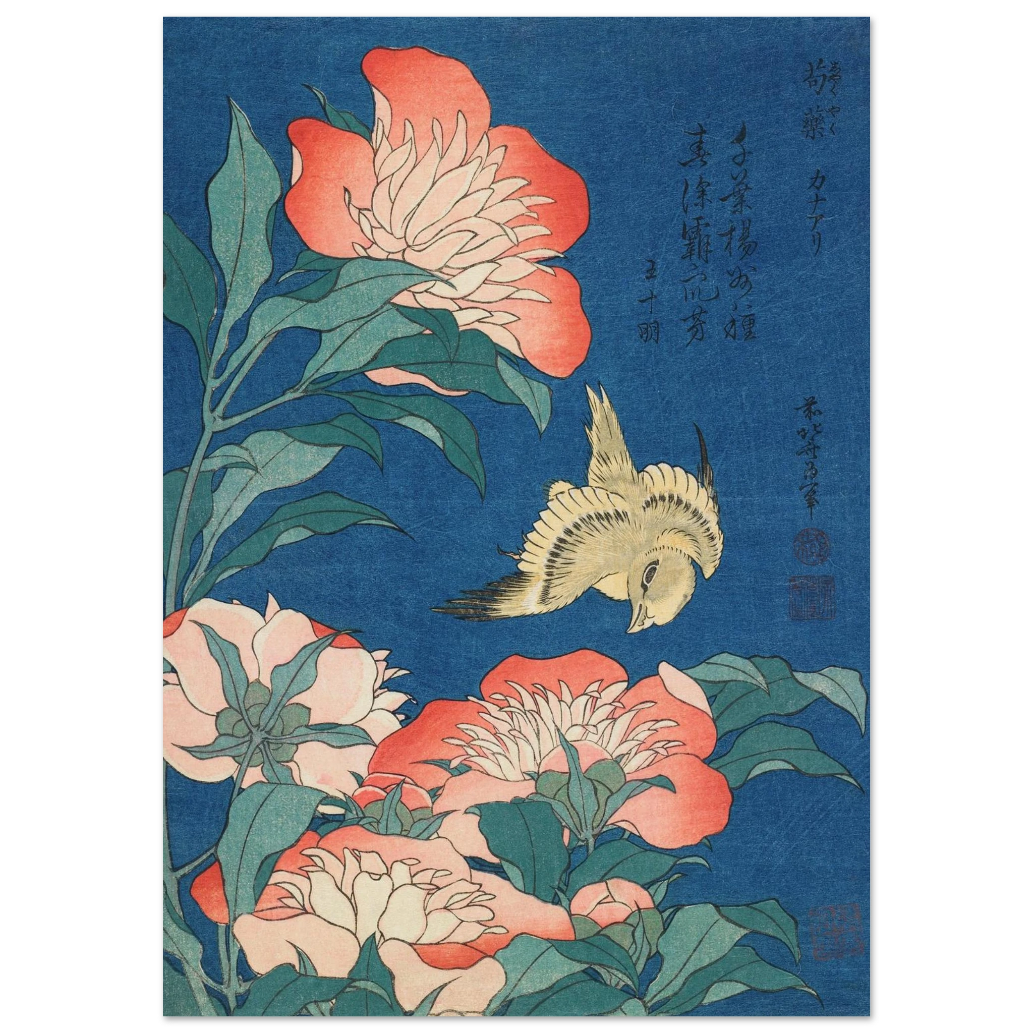Traditional Japanese artwork with flowers and a bird on a blue background