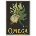 Vintage Omega advertisement with a woman holding a clock and flames on a black background
