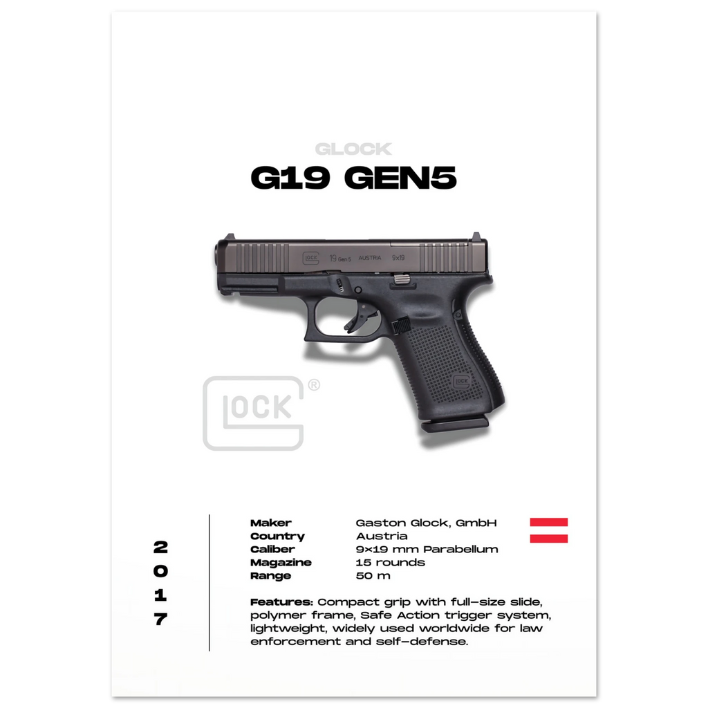 Glock G19 Gen5 handgun poster on a white background with product details.