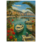 Harbor scene with boats, flowers, and a cityscape in the background