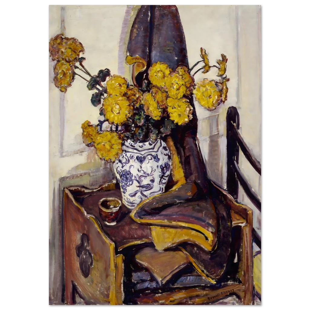 Painting of a chair with yellow flowers and a blue and white vase.