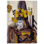 Painting of a chair with yellow flowers and a blue and white vase.