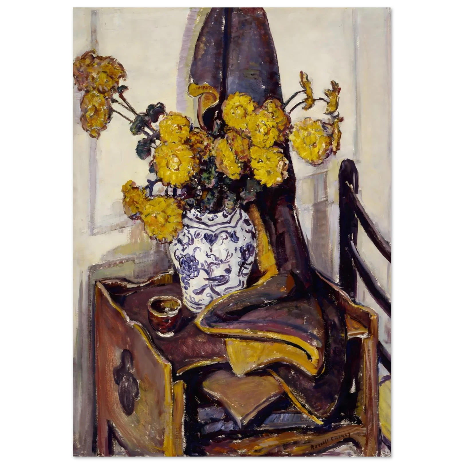 Painting of a chair with yellow flowers and a blue and white vase.