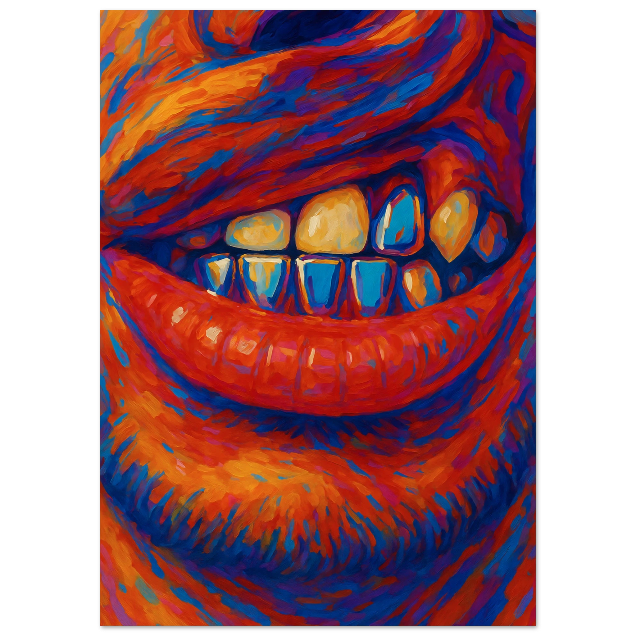 Colorful abstract painting of a mouth with grills.