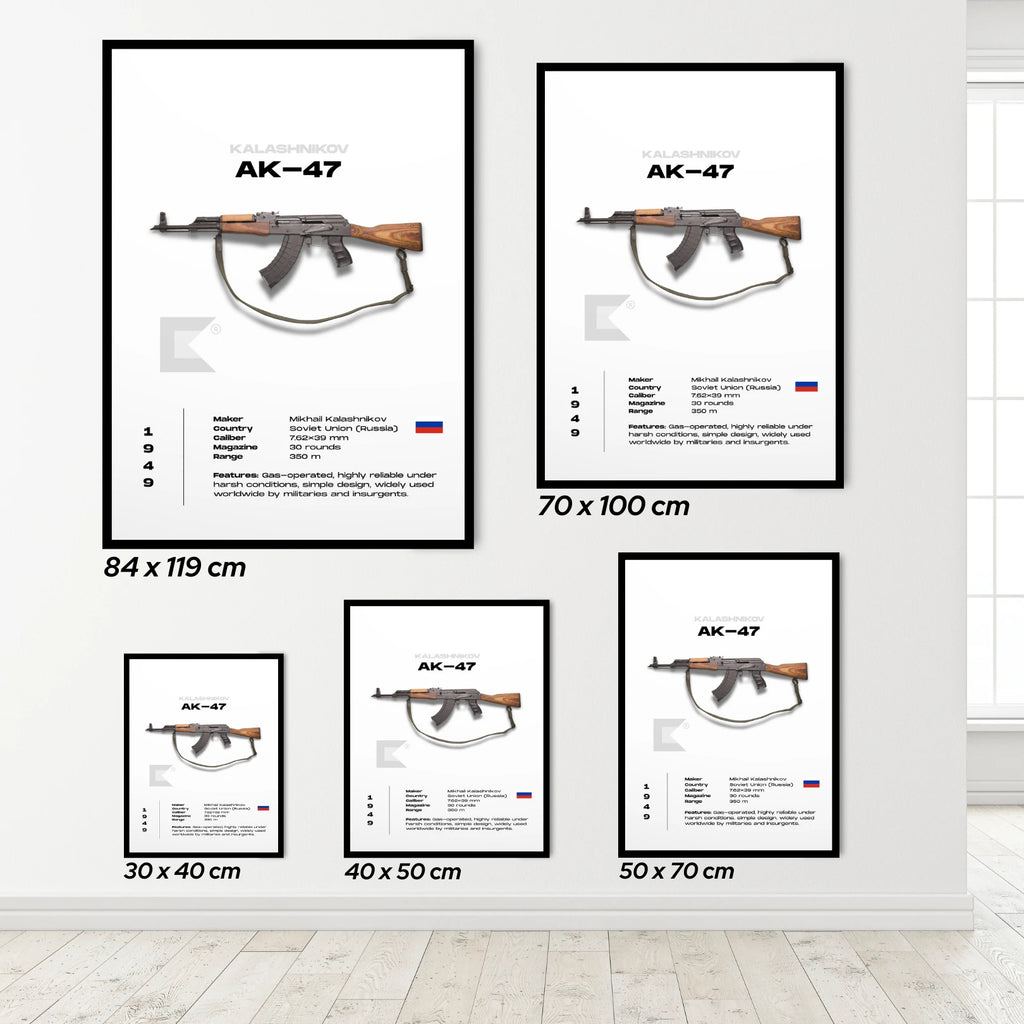 Framed posters of an AK-47 rifle with dimensions displayed on a white wall.