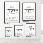 Framed posters of an AK-47 rifle with dimensions displayed on a white wall.