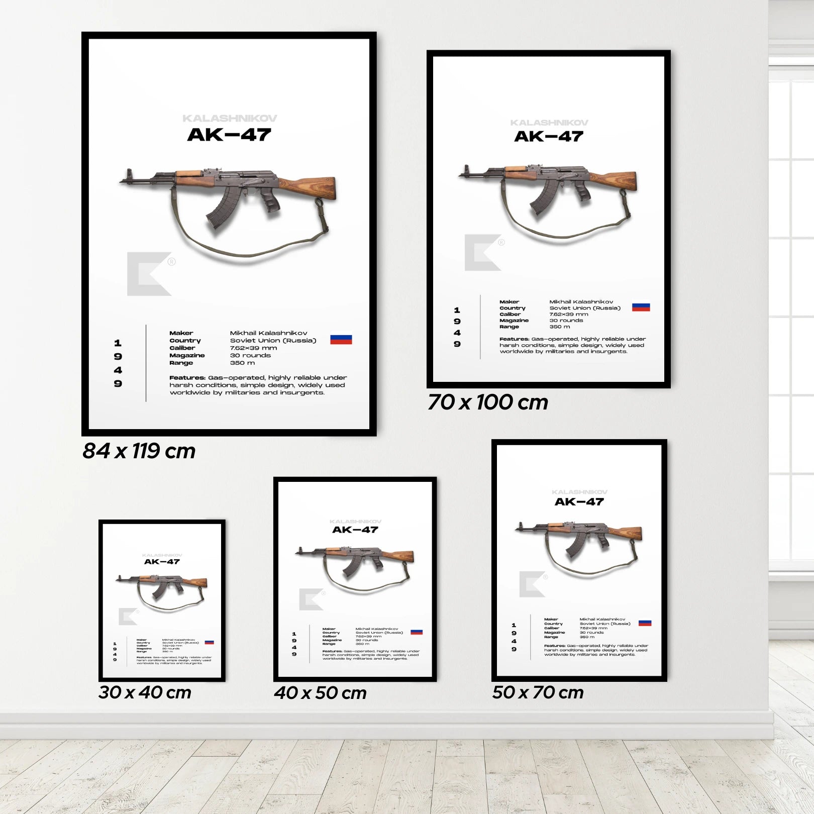 Framed posters of an AK-47 rifle with dimensions displayed on a white wall.