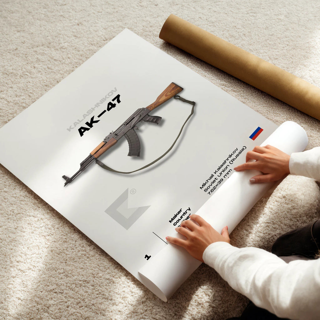 Person unrolling a poster of an AK-47 rifle on a carpeted floor.
